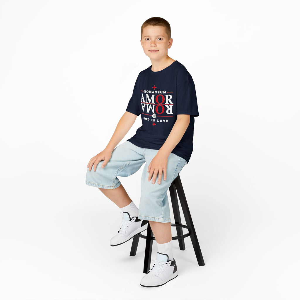 Kids Tee — "Amor Roma / God is Love" Religious Graphic Shirt