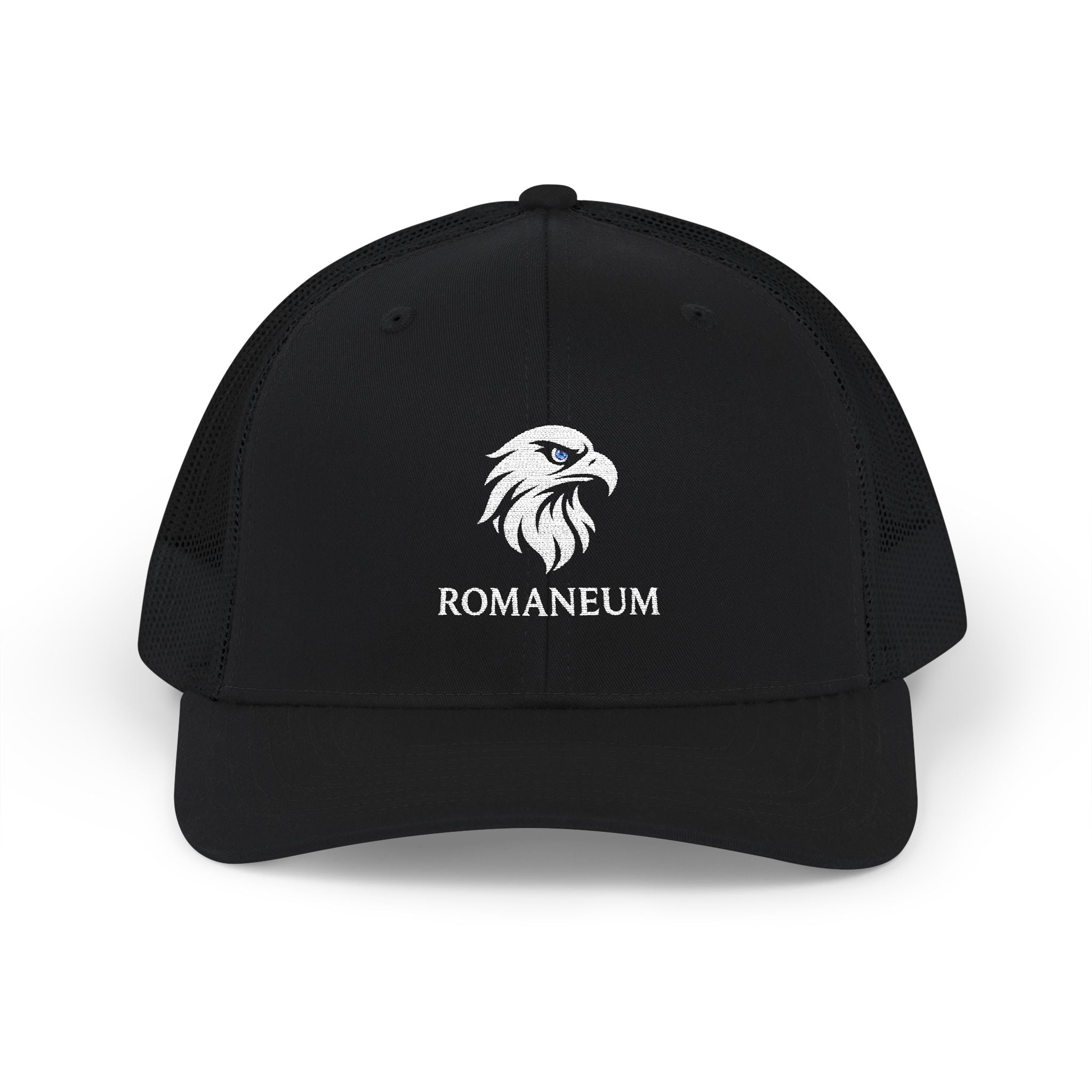 Eagle Head Romanem Trucker Cap | Embroidered Black White Mesh