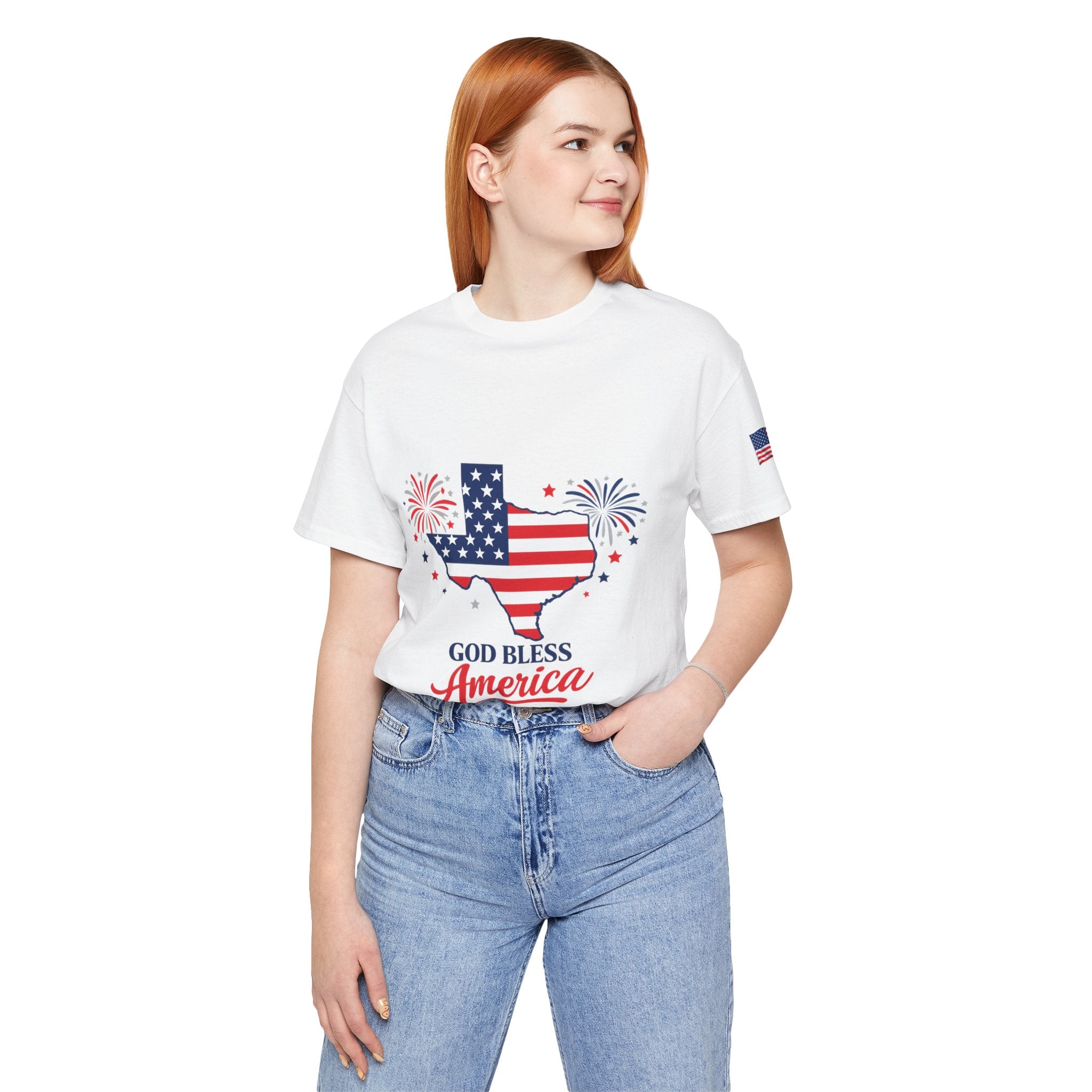 Romaneum God Bless America map tee | American flag outline, fireworks, patriotic shirt