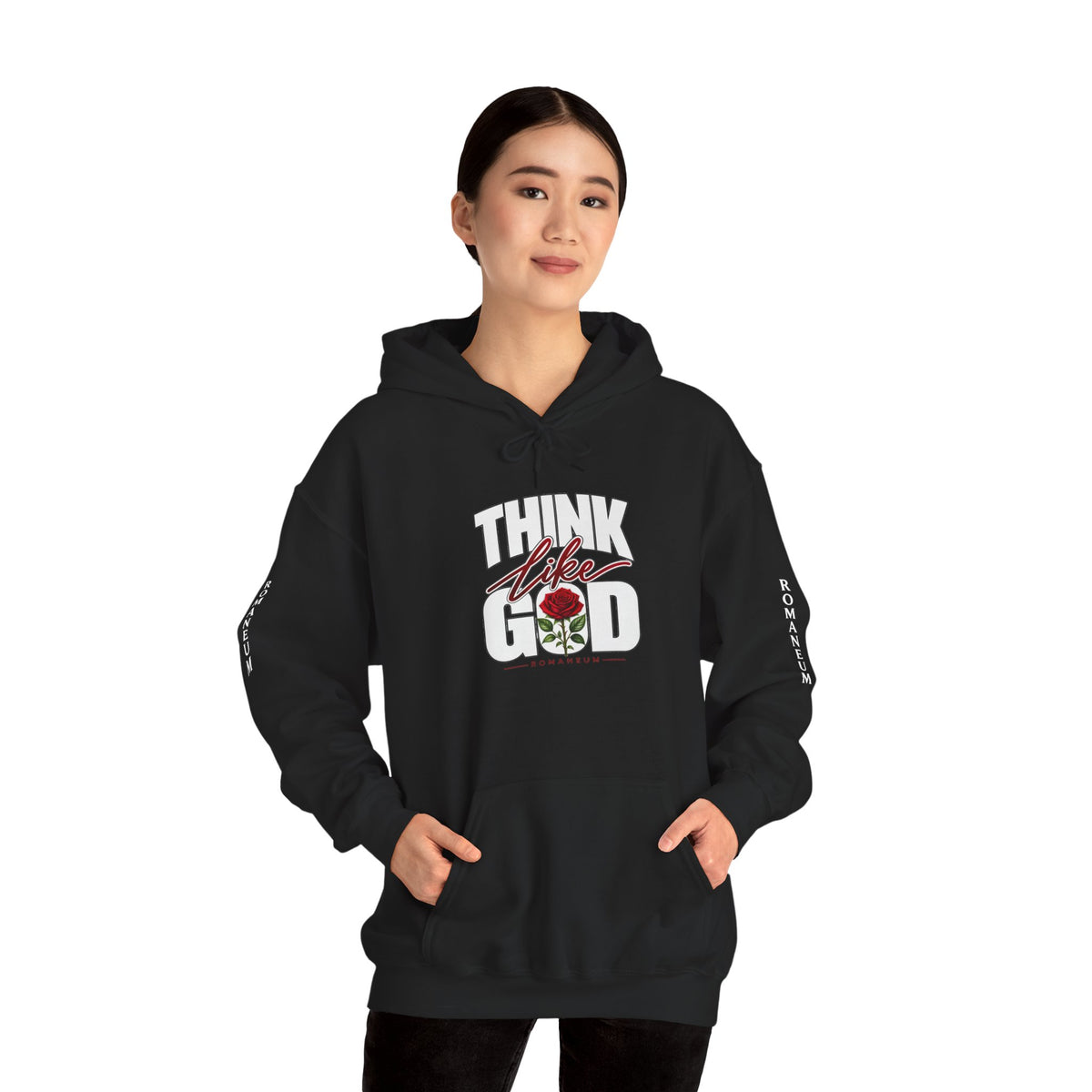 Think Like God Hoodie — Graphic Religious Pullover with Romaneum Sleeve Print