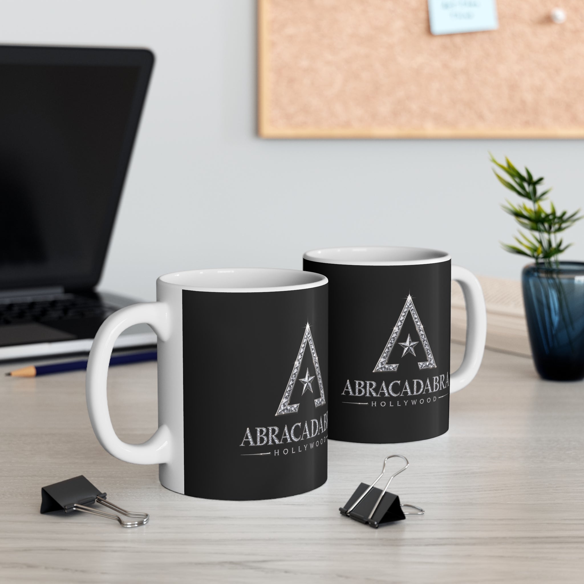 Abracadabra Hollywood Logo Mug — 11oz Black Ceramic Coffee Cup