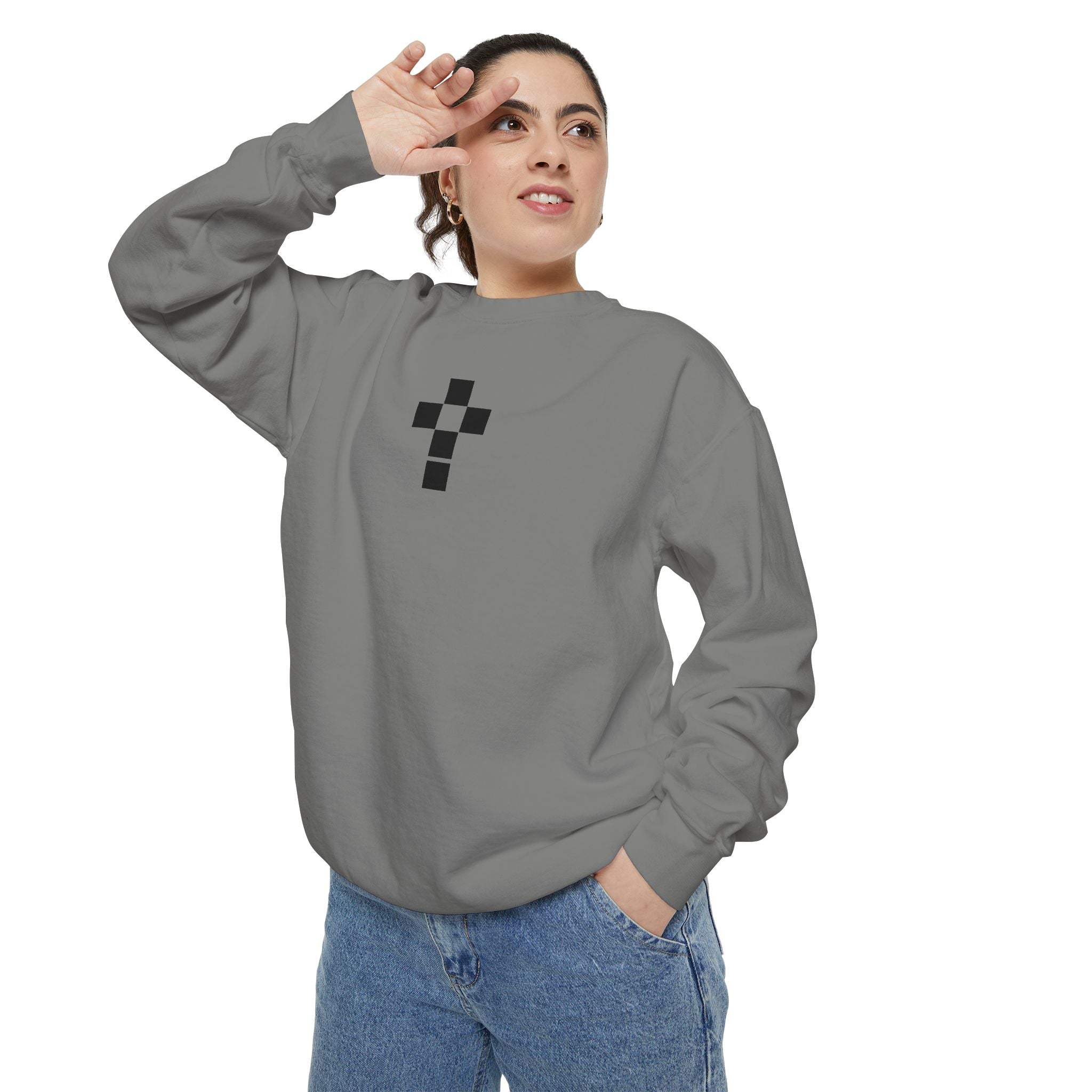 Romaneum Checkerboard Cross Sweatshirt | Minimal Religious Crewneck