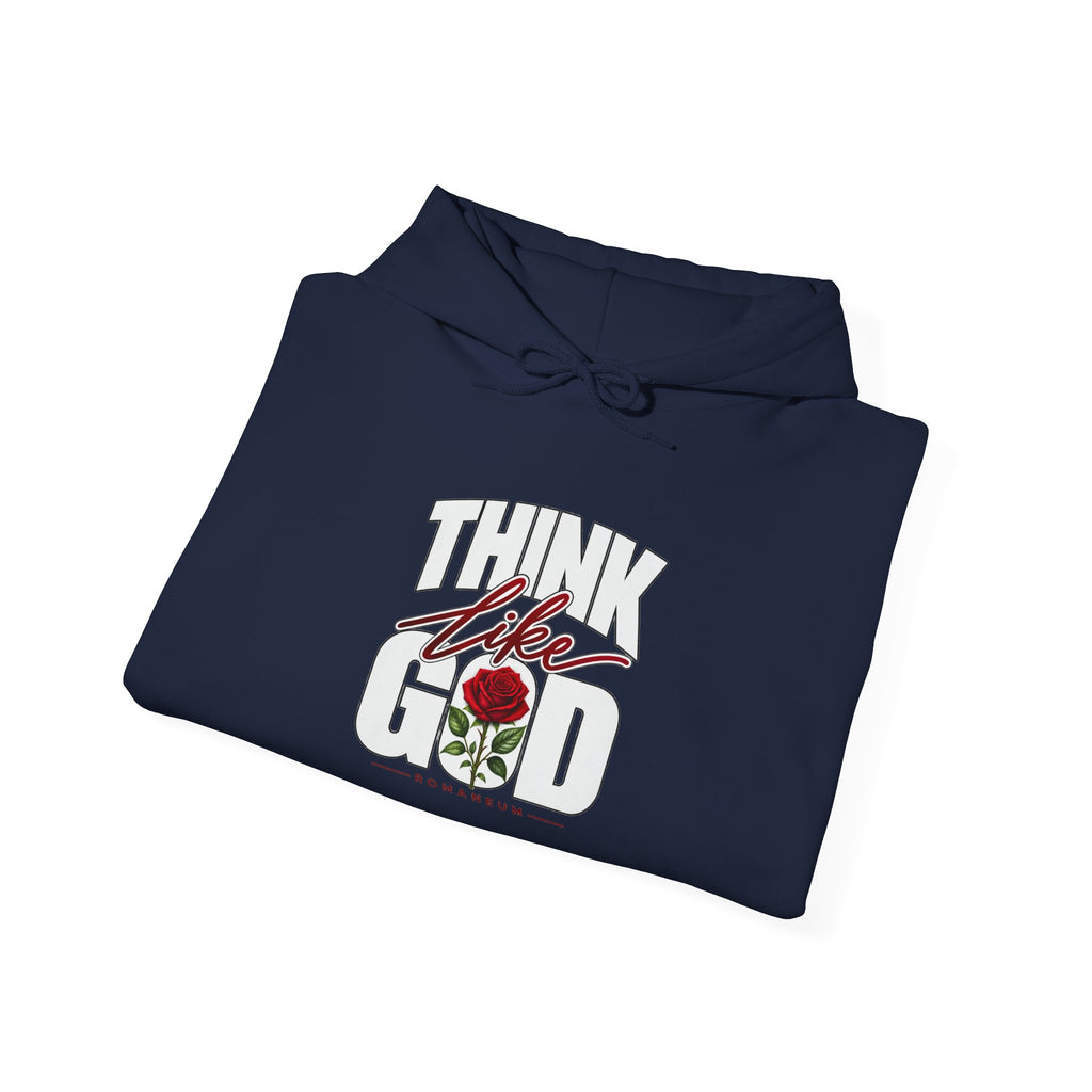 Think Like God Hoodie — Graphic Religious Pullover with Romaneum Sleeve Print