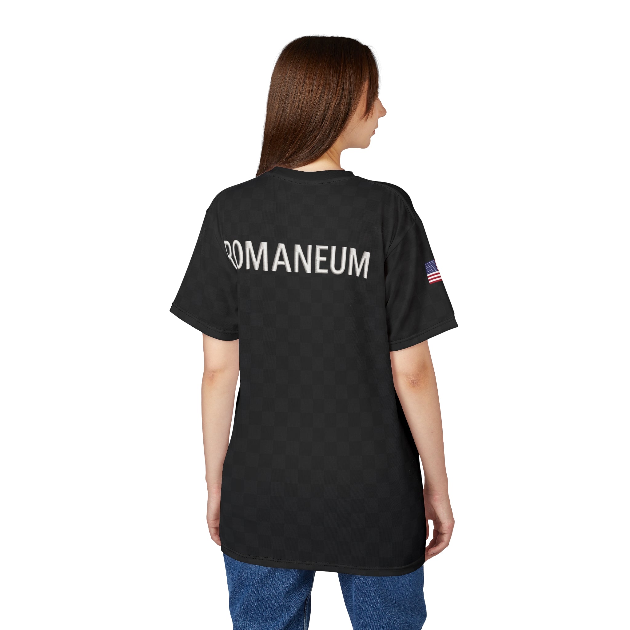 Black Checkered 'ROMANEUM' Logo Tee — All-Over Print Cut & Sew Shirt