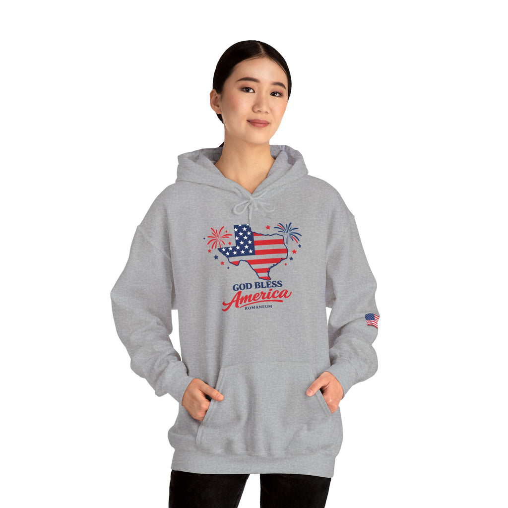 Romaneum God Bless America flag map Hoodie | American flag fireworks sleeve