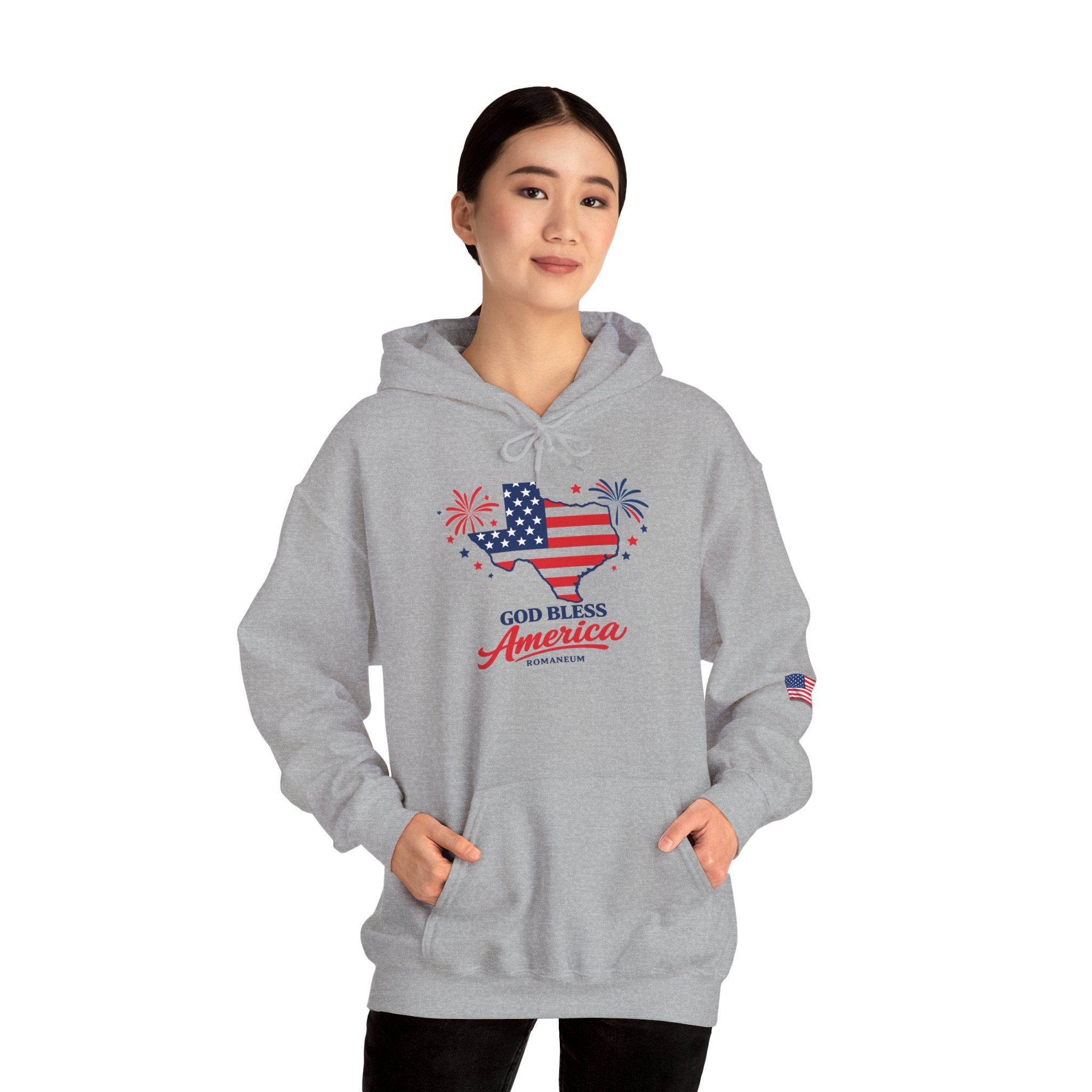 Romaneum God Bless America flag map Hoodie | American flag fireworks sleeve