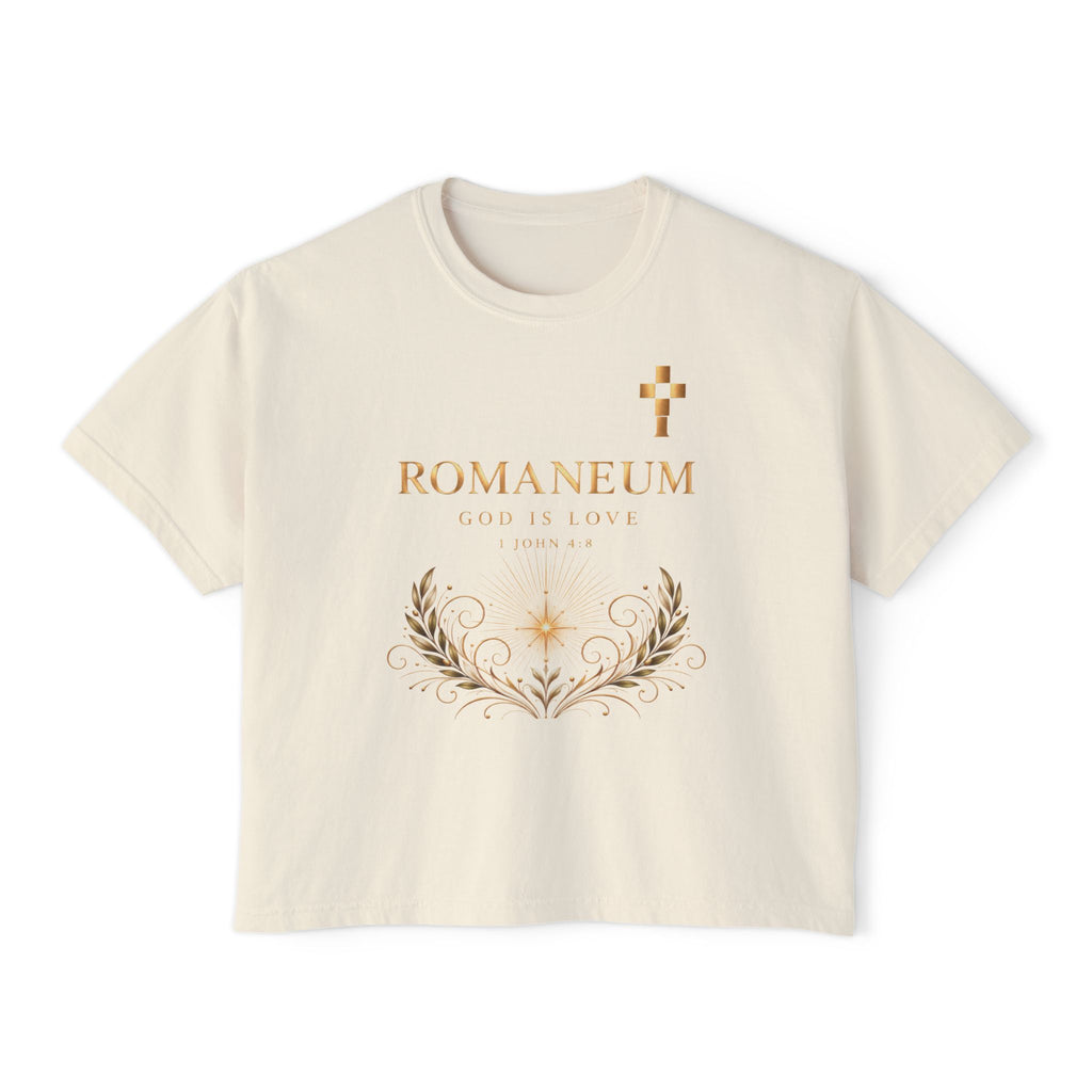 Romaneum Women's Boxy Tee — Gold Cross & Heart Spiritual Graphic