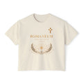 Romaneum Women's Boxy Tee — Gold Cross & Heart Spiritual Graphic