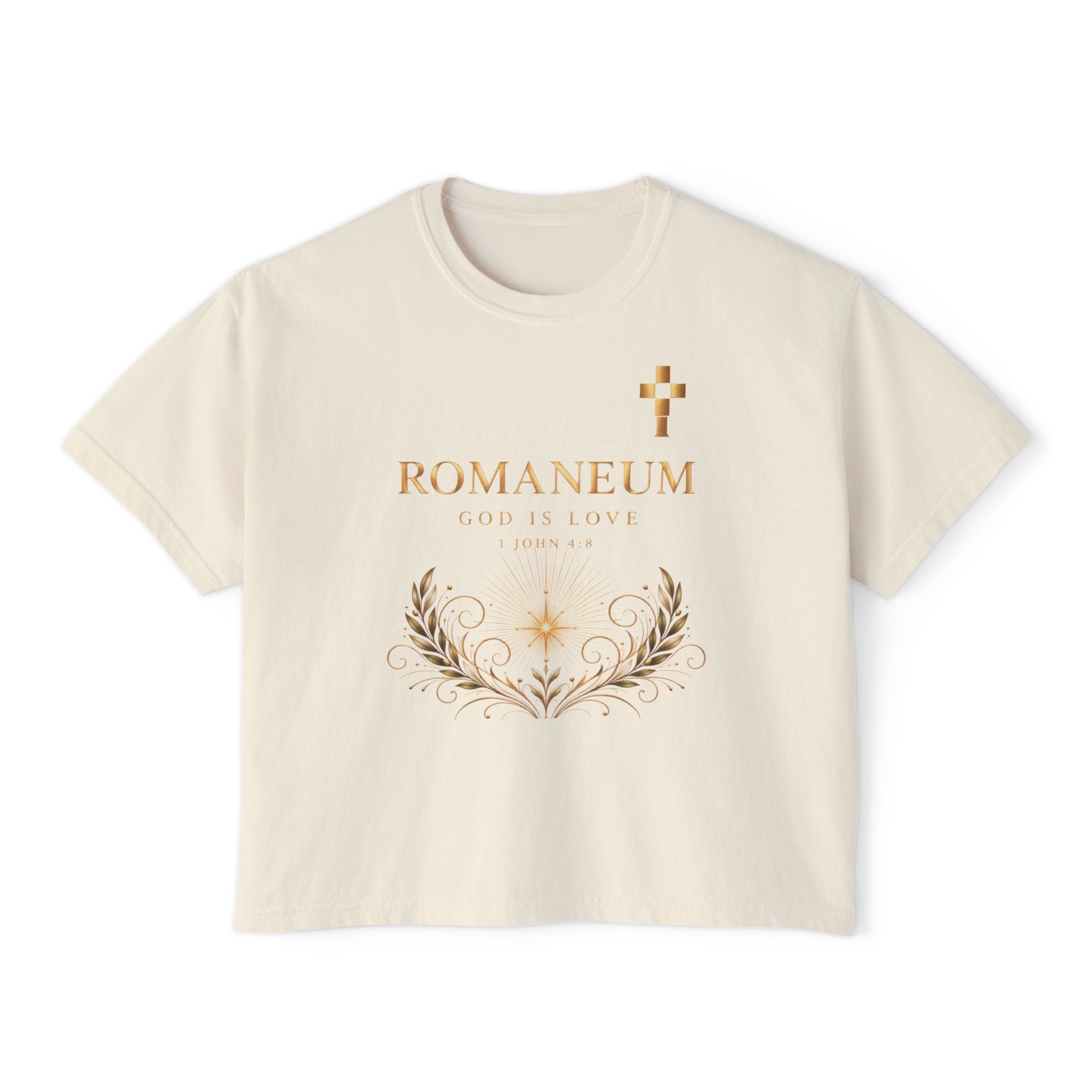 Romaneum Women's Boxy Tee — Gold Cross & Heart Spiritual Graphic