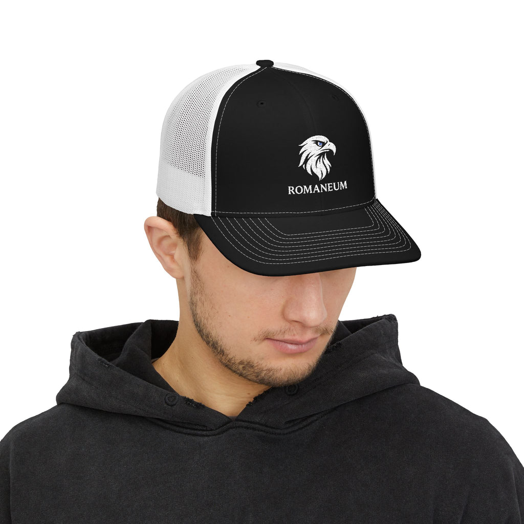 Eagle Head Romanem Trucker Cap | Embroidered Black White Mesh