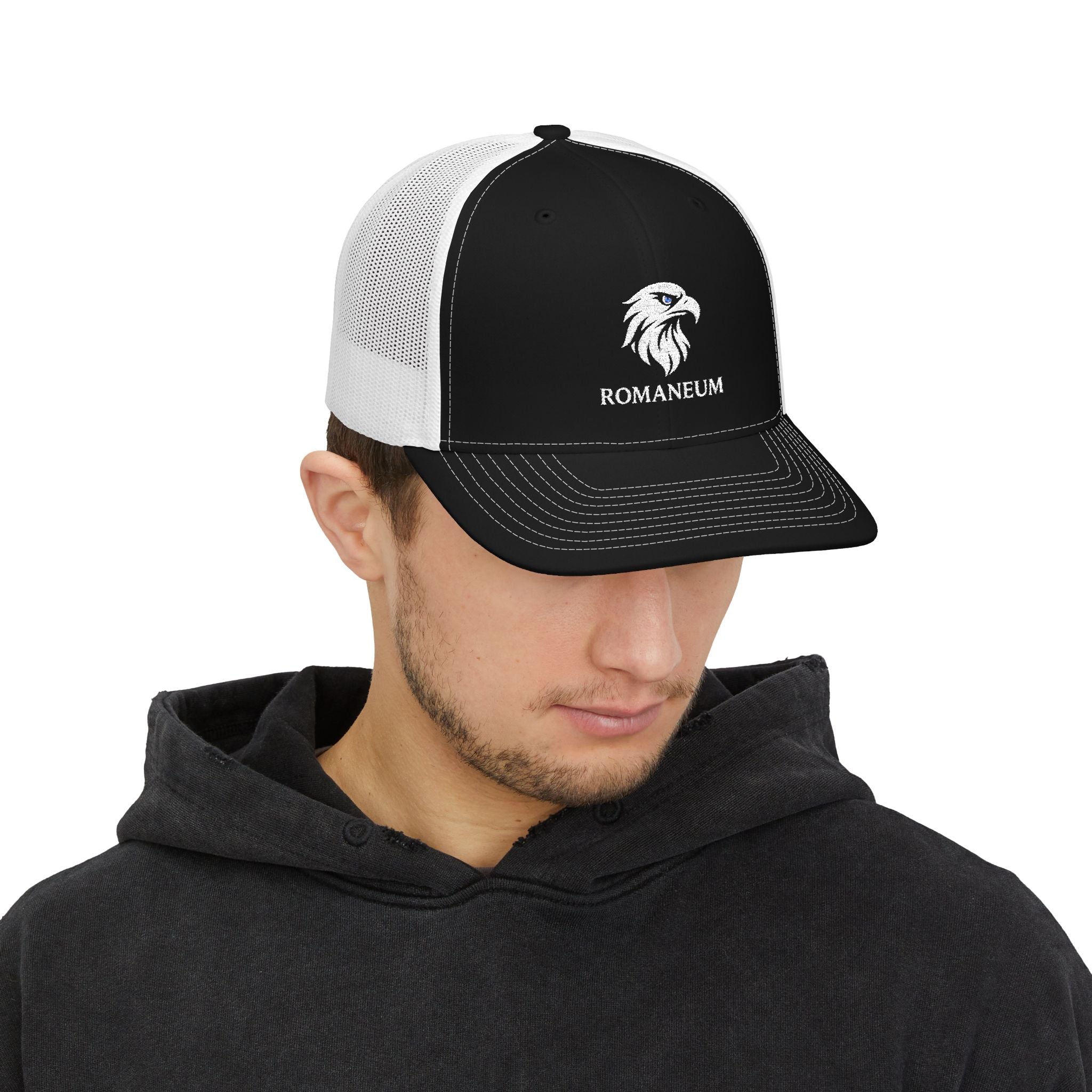 Eagle Head Romanem Trucker Cap | Embroidered Black White Mesh