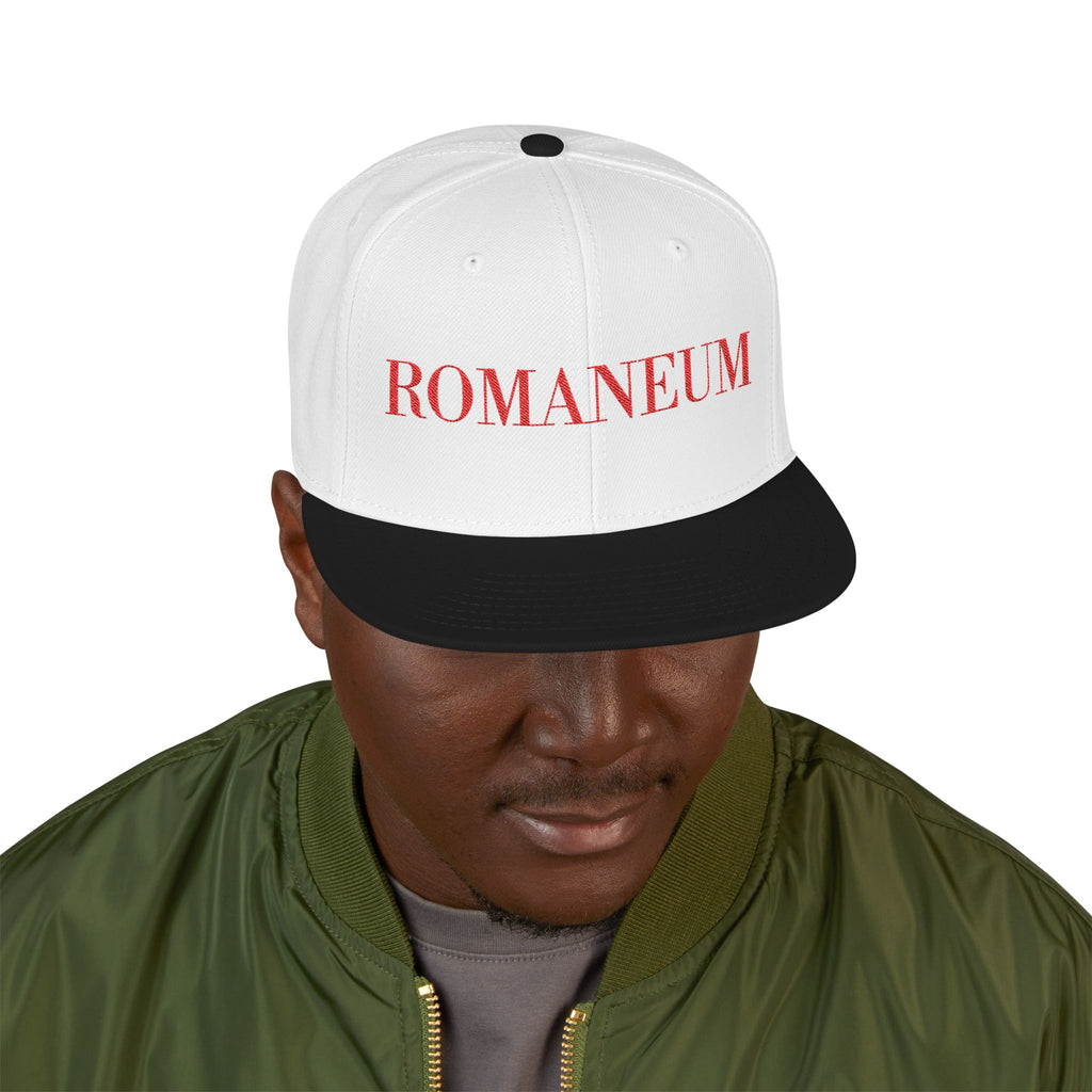Embroidered Snapback Cap — Red Vintage 'ROMANEUM' Text