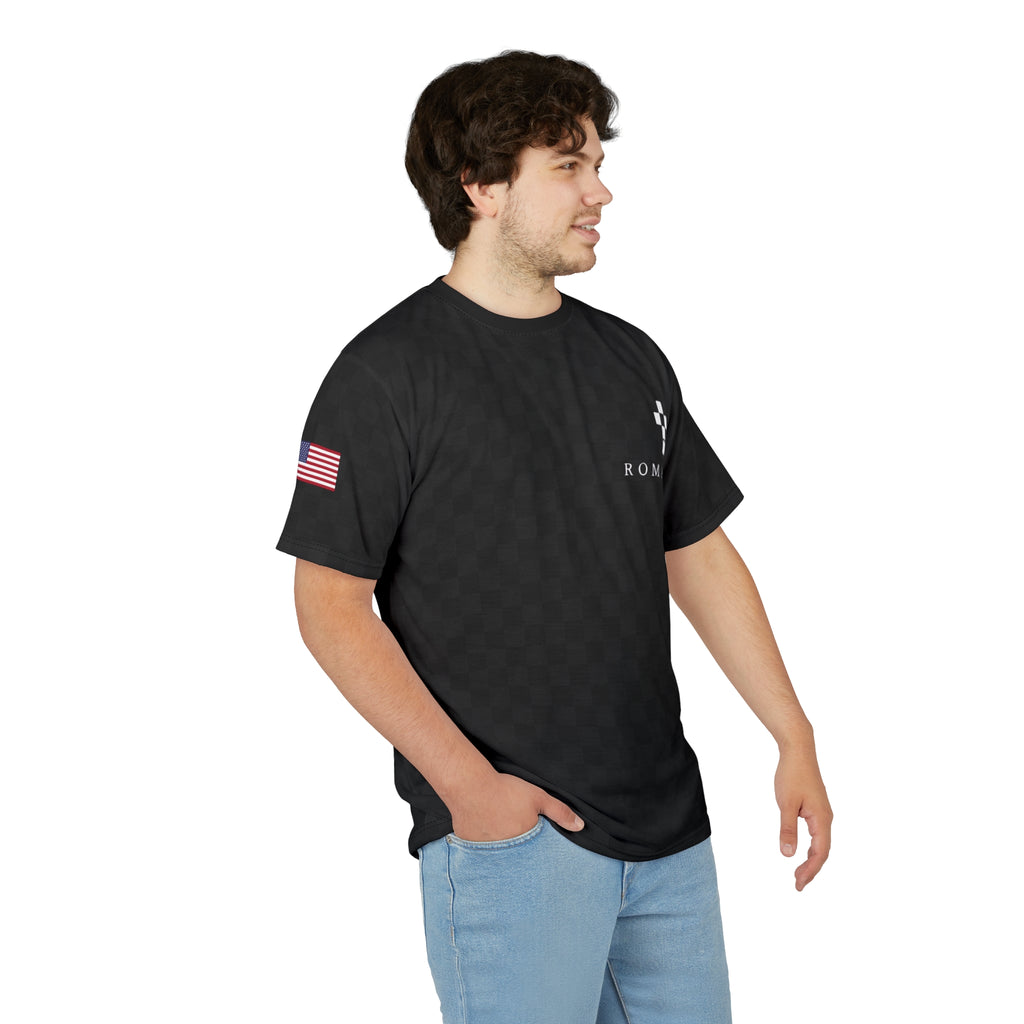 Black Checkered 'ROMANEUM' Logo Tee — All-Over Print Cut & Sew Shirt