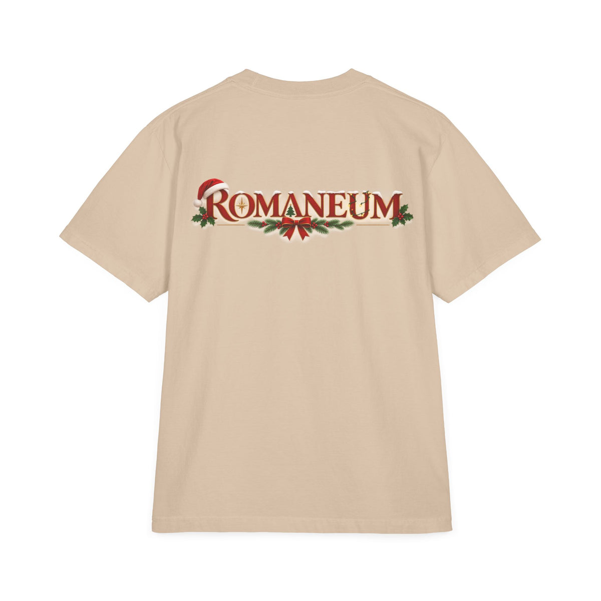 Romaneum Holiday T-Shirt — Festive Pine & Santa Hat Logo