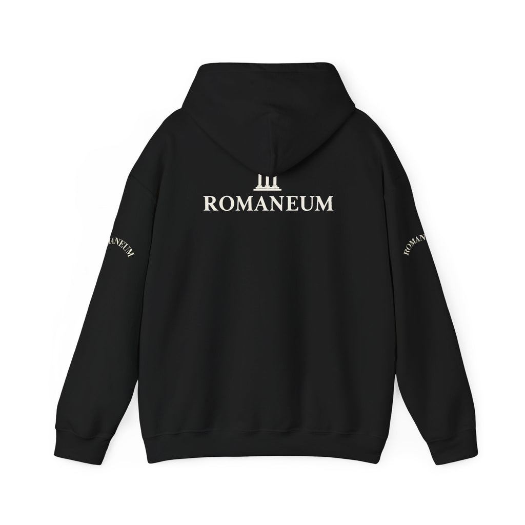 Romaneum Logo Hoodie – Classic Black Pullover with Roman Temple Design