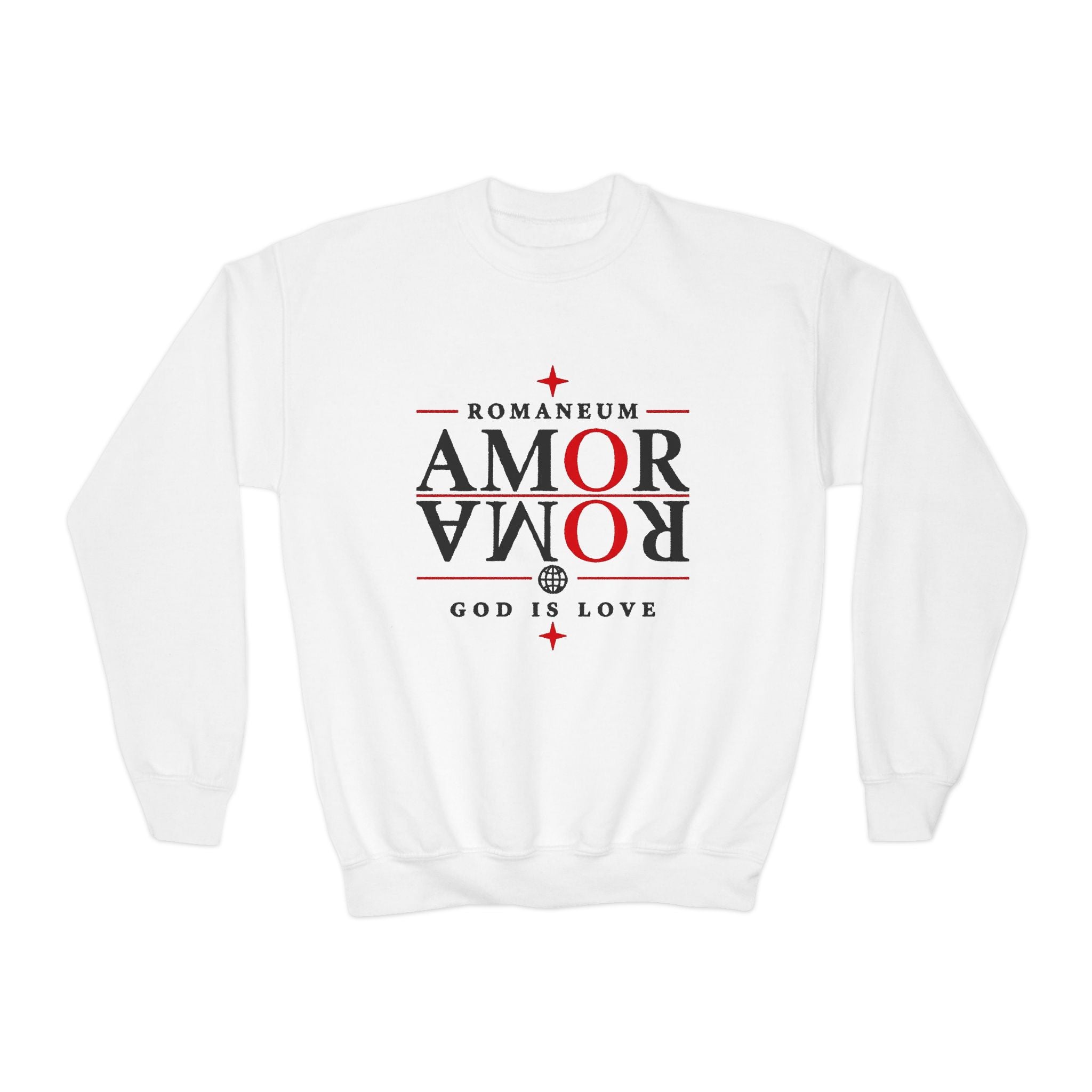 Romaneum Amor Crewneck Sweatshirt — “AMOR/ROMA” God Is Love Youth Pullover