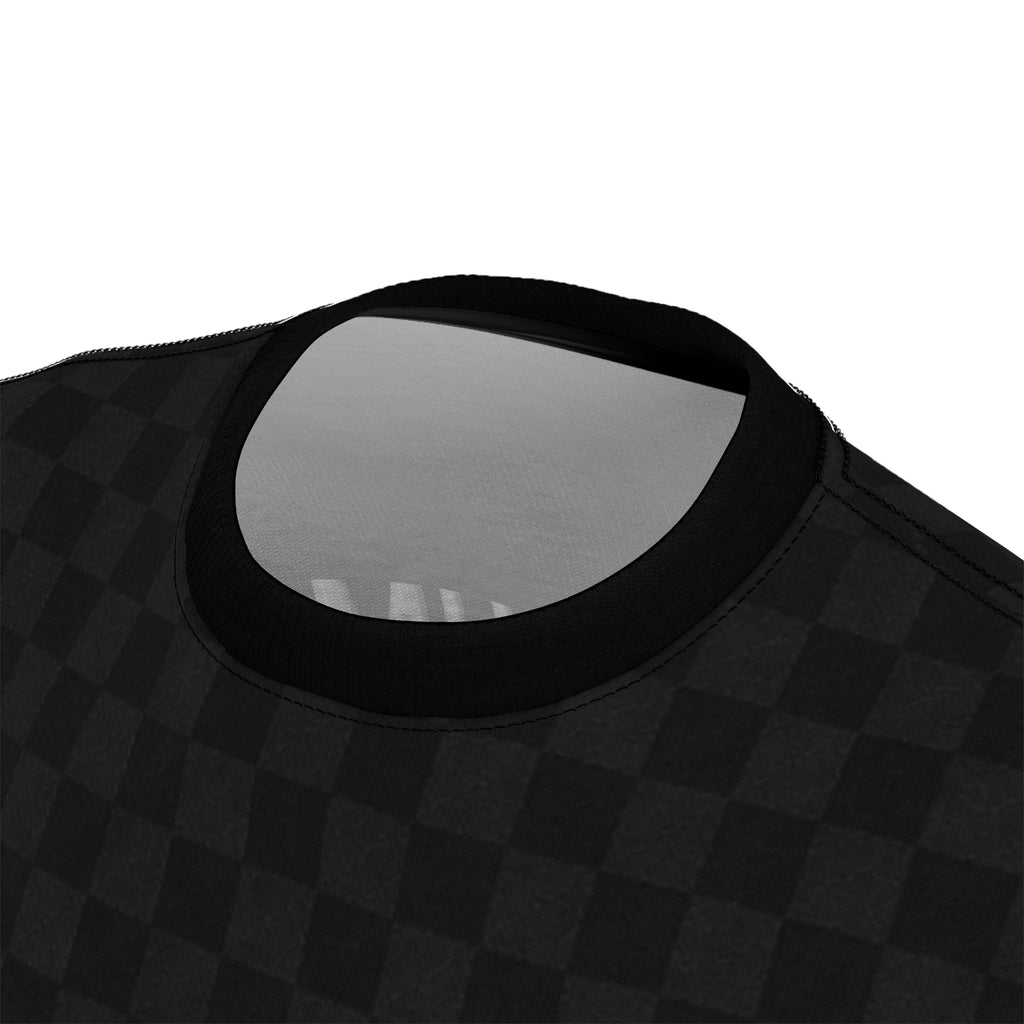 Black Checkered 'ROMANEUM' Logo Tee — All-Over Print Cut & Sew Shirt