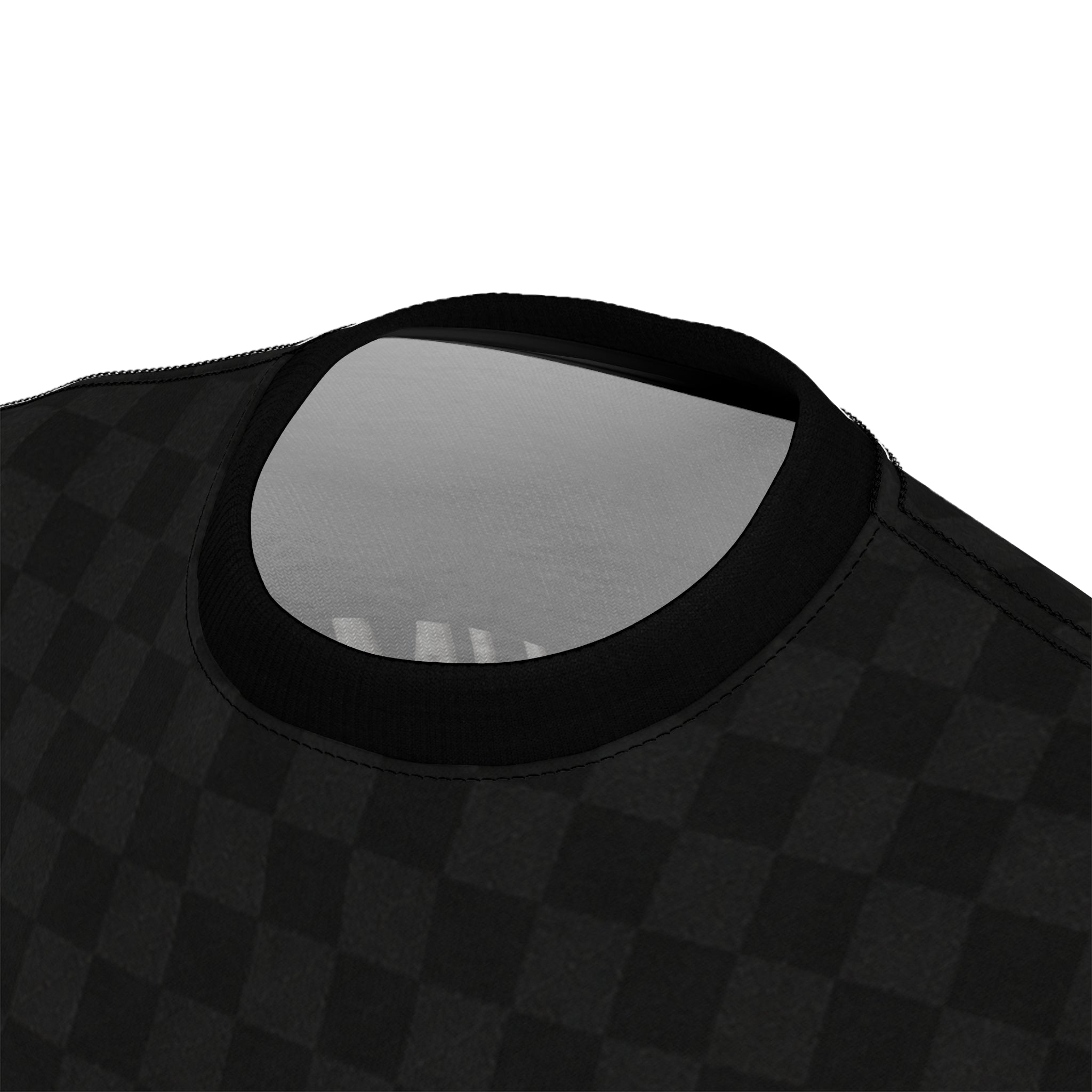 Black Checkered 'ROMANEUM' Logo Tee — All-Over Print Cut & Sew Shirt
