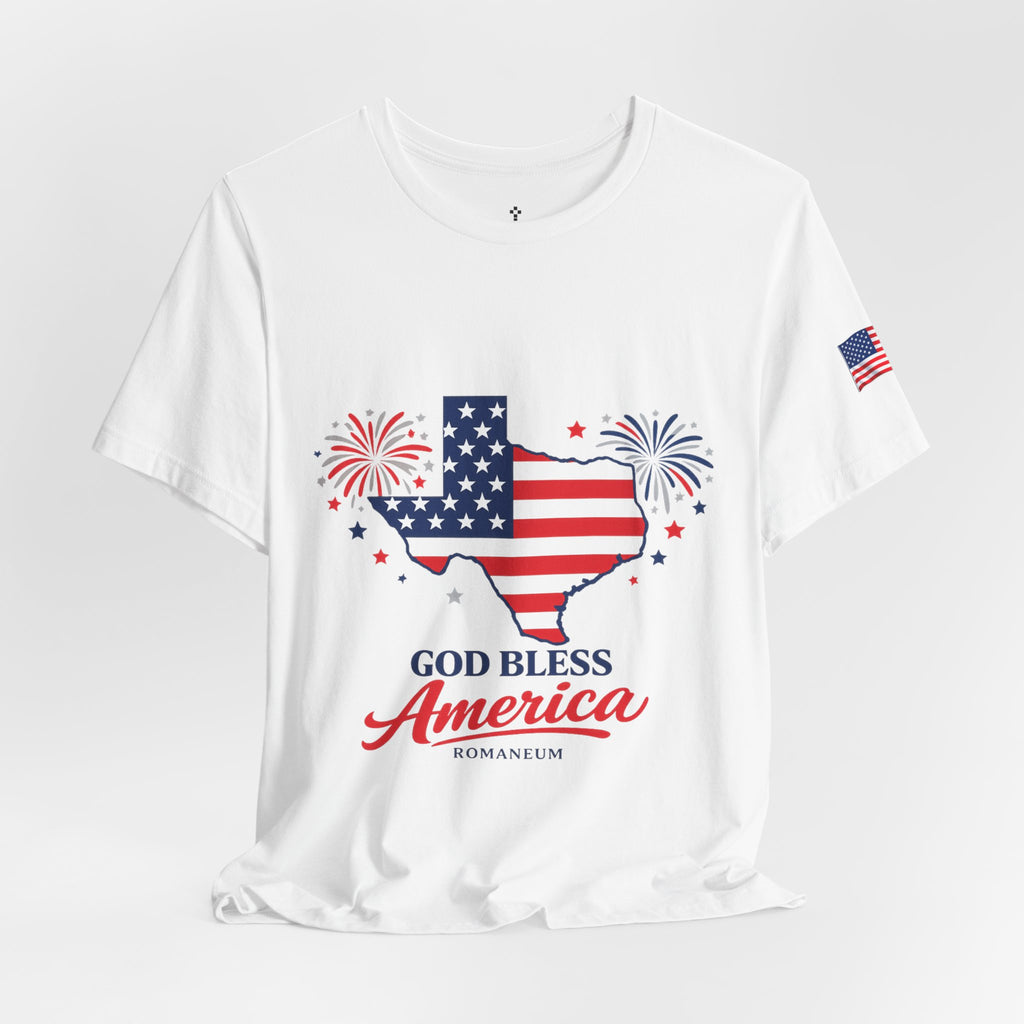 Romaneum God Bless America map tee | American flag outline, fireworks, patriotic shirt