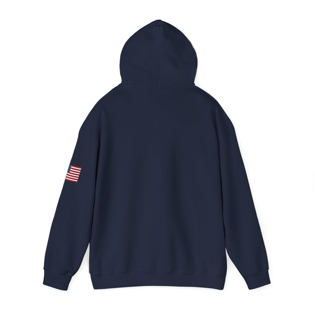 Romaneum Pixel Cross Hoodie | Small Black Cross, American Flag Sleeve