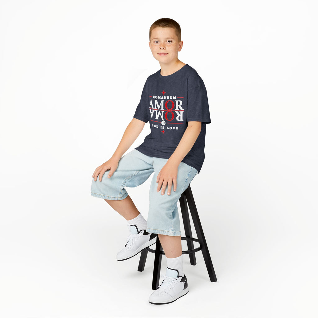 Kids Tee — "Amor Roma / God is Love" Religious Graphic Shirt
