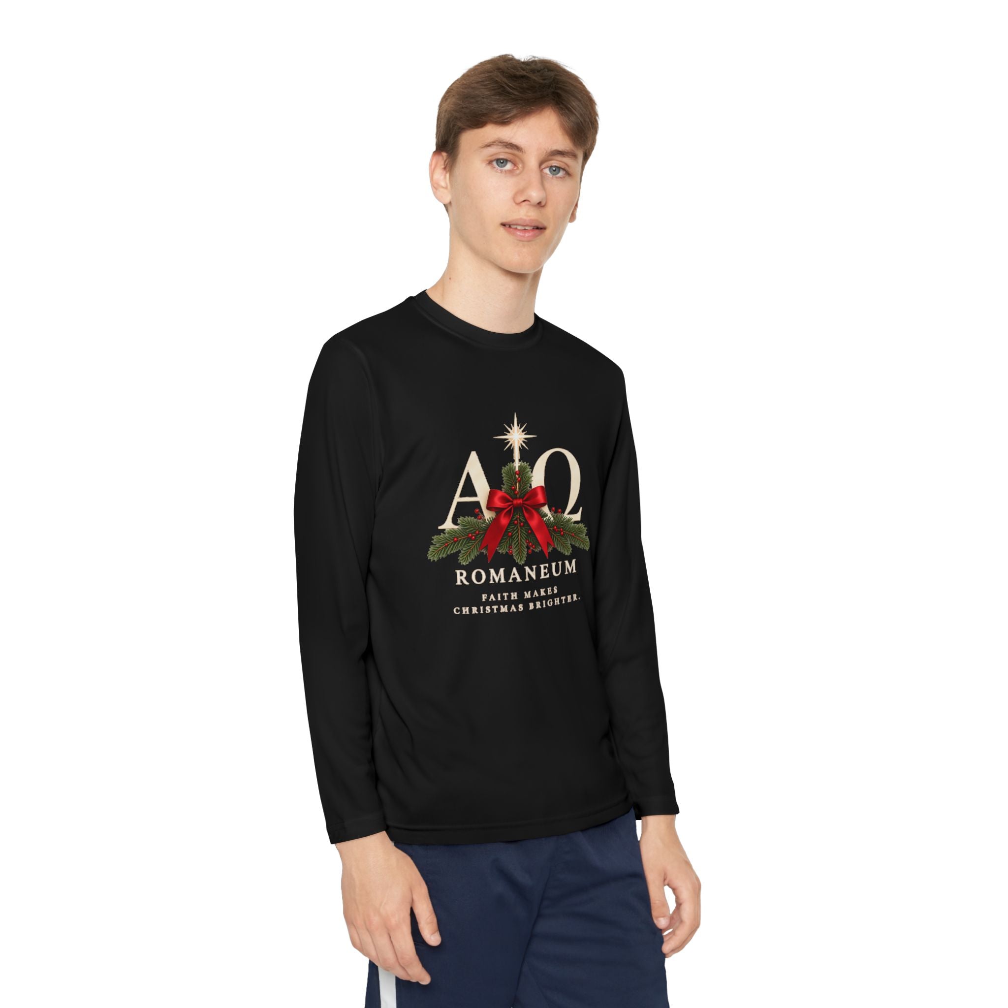 Youth Long Sleeve Tee — Romaneum Alpha Omega Christmas Design