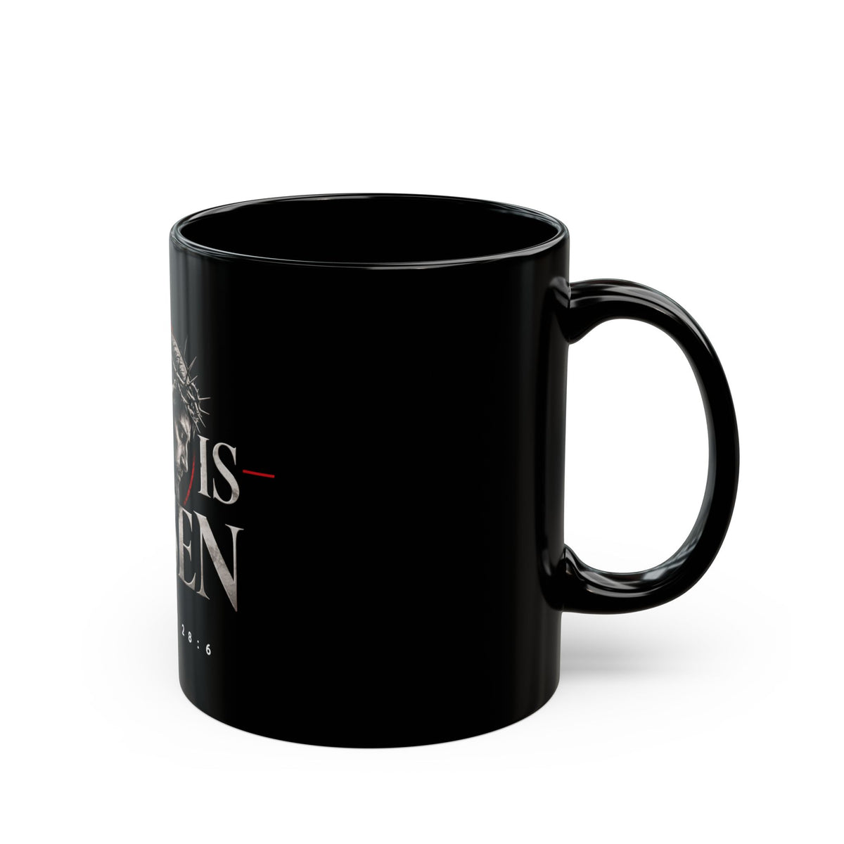 He Is Risen Black Mug – Matthew 28:6 Easter Coffee Cup