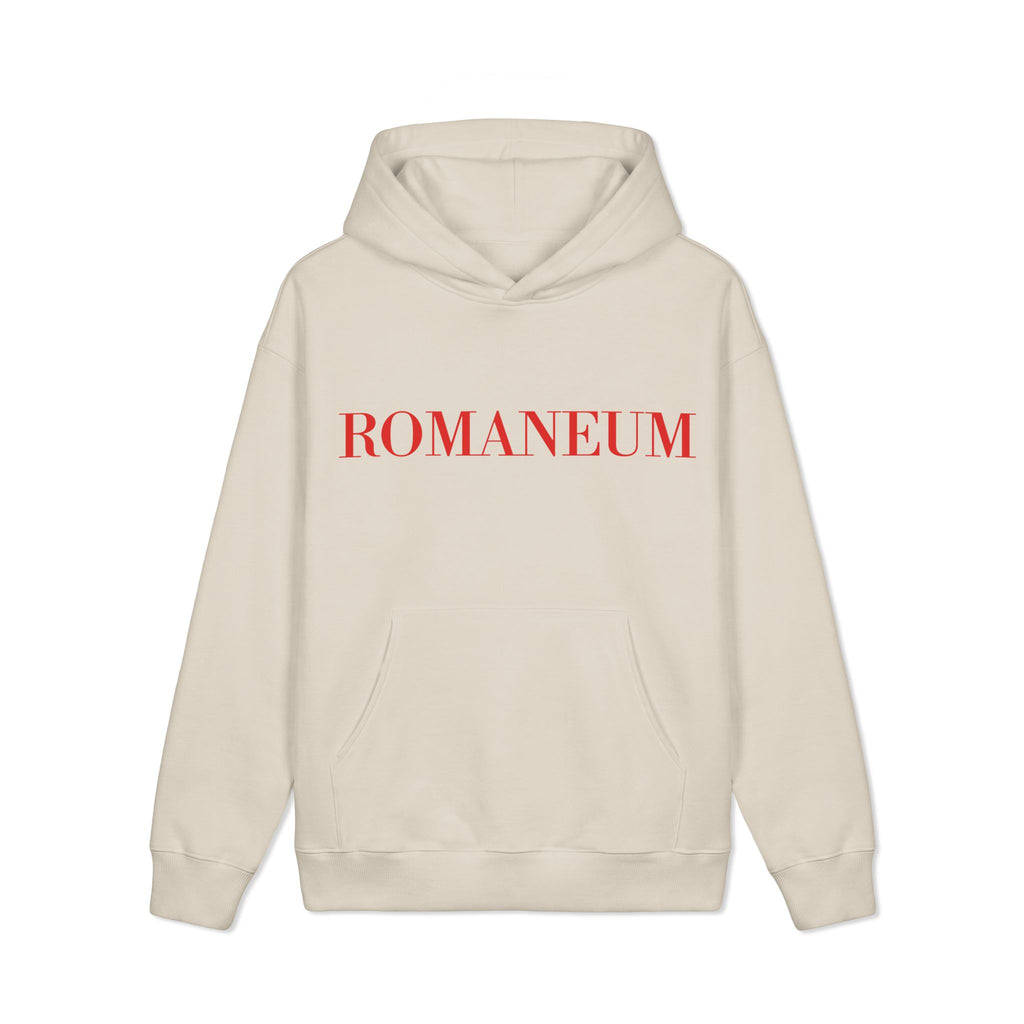 Romaneum Logo Hoodie — Minimalist Cream Pullover with Red Text