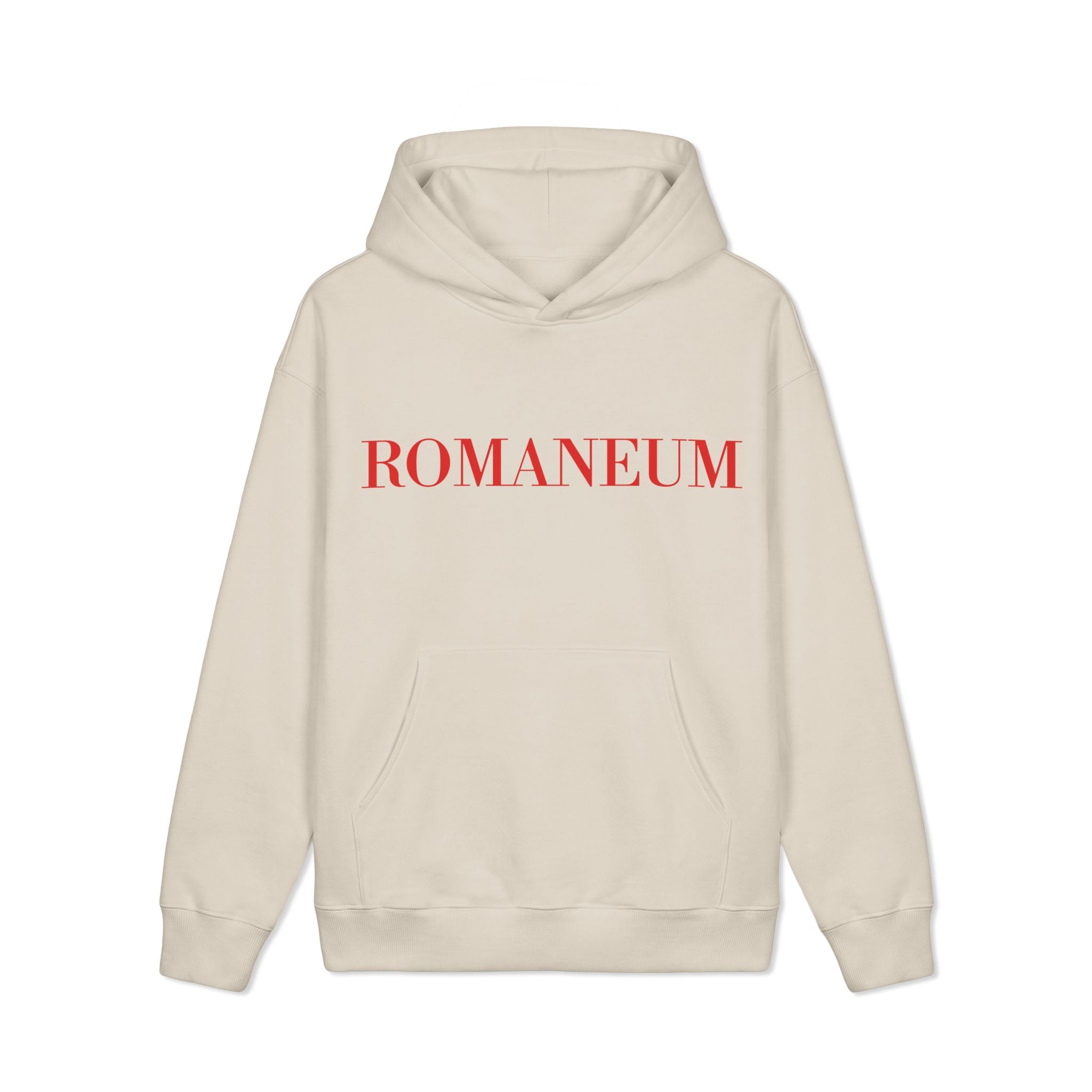 Romaneum Logo Hoodie — Minimalist Cream Pullover with Red Text