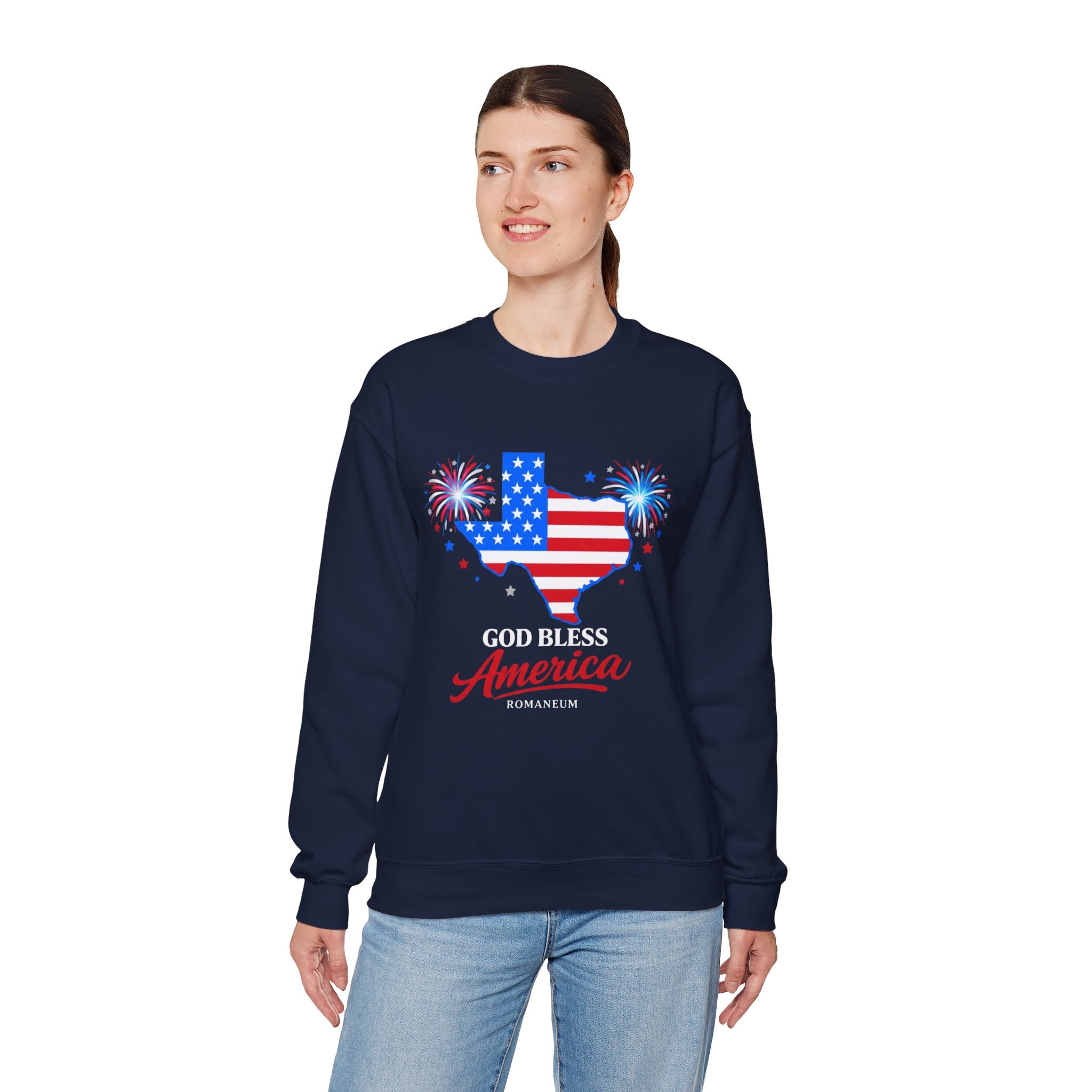 Romaneum God Bless America Flag Heart sweatshirt | Patriotic 4th of July crewneck
