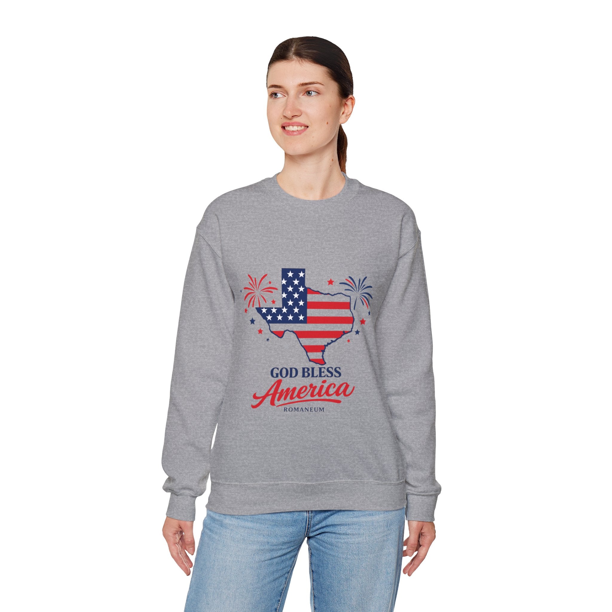 Romaneum God Bless America Flag Heart sweatshirt | Patriotic 4th of July crewneck