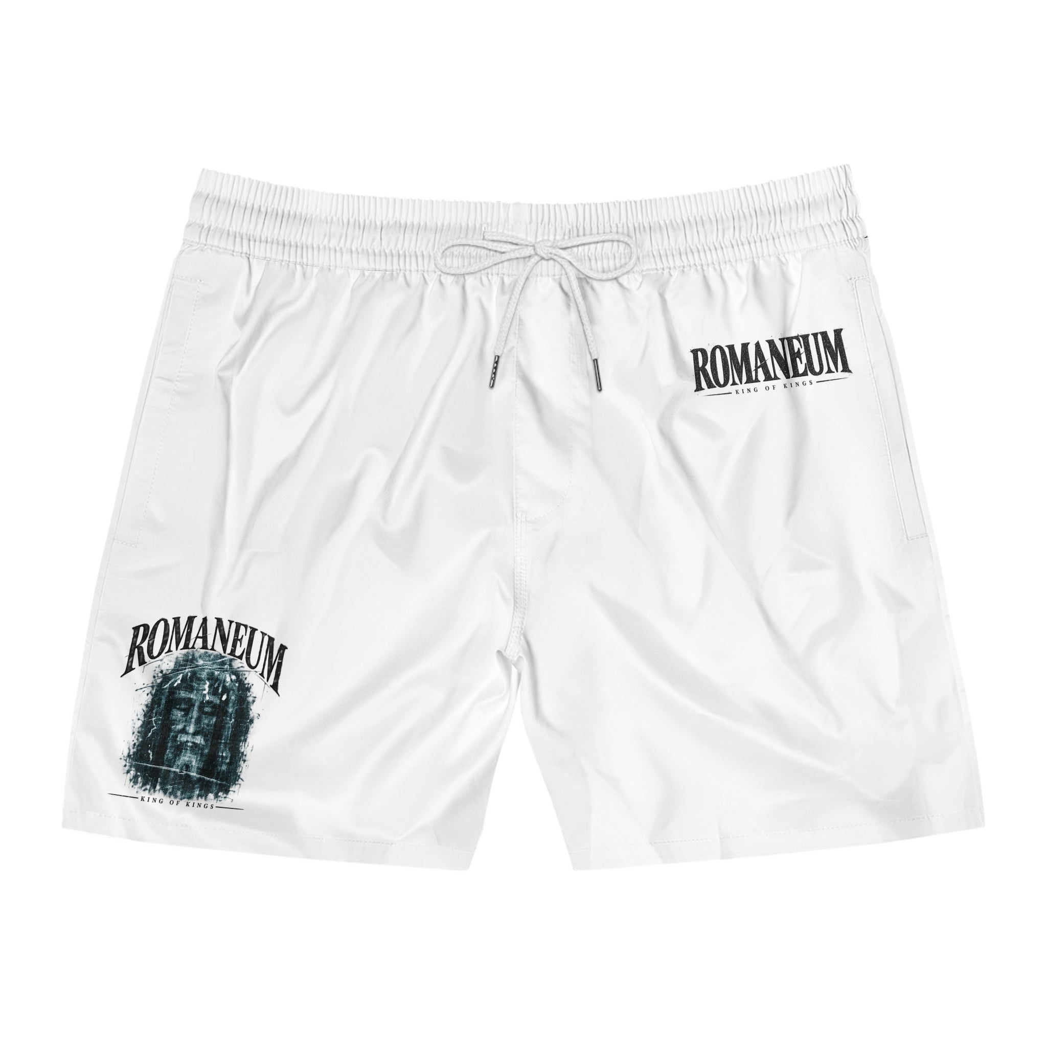 Romaneum Logo Men's Swim Shorts — White Mid-Length Beach Trunks