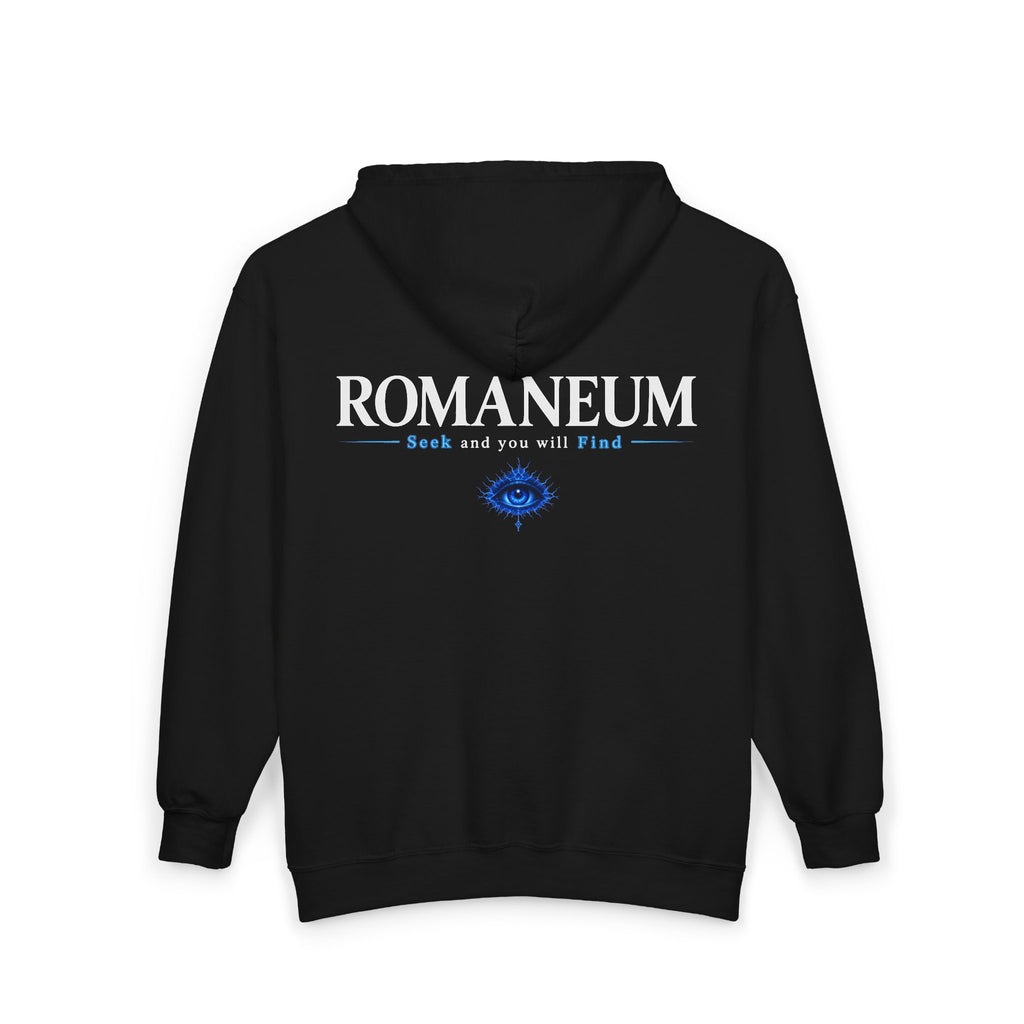 Romaneum Zip Hoodie — "Seek and you will Find" Gothic Logo
