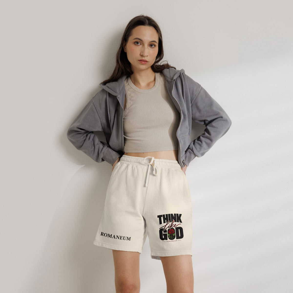 Think Like God Sweat Shorts — Graphic Fleece Lounge Shorts (Romaneum)