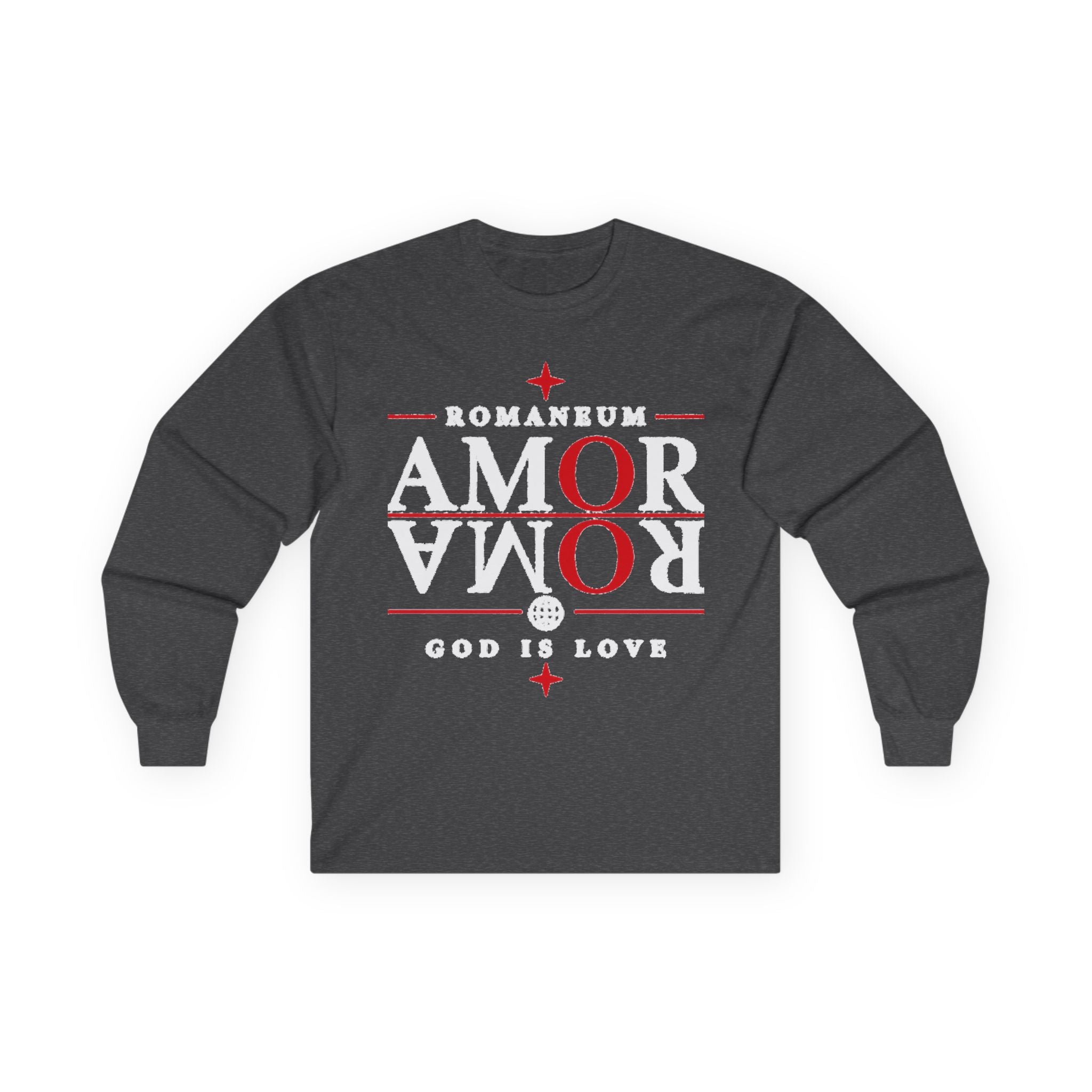 Long Sleeve Tee — "AMOR" Romaneum God Is Love Religious Graphic Shirt