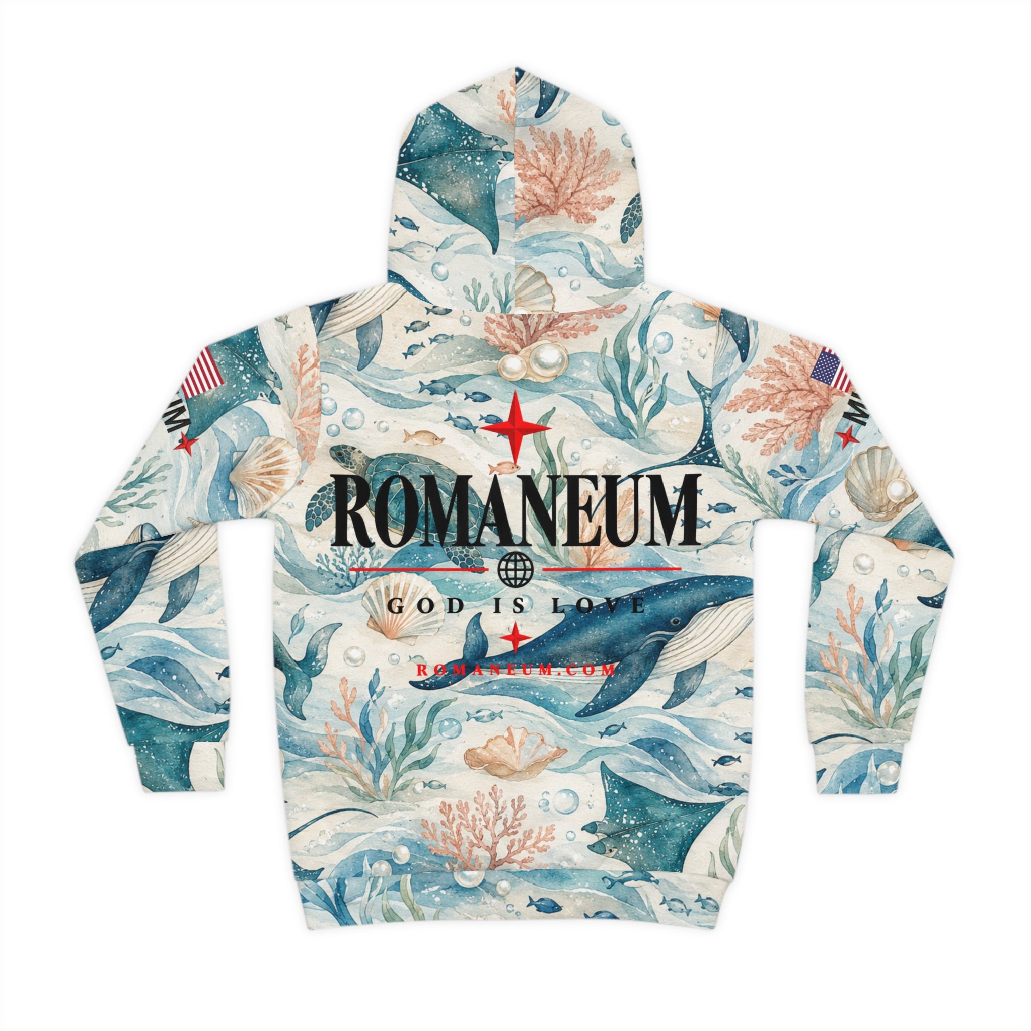 Children's All-Over-Print Hoodie — Whale & Ocean Watercolor "Amor Roma" Design (God Is Love)