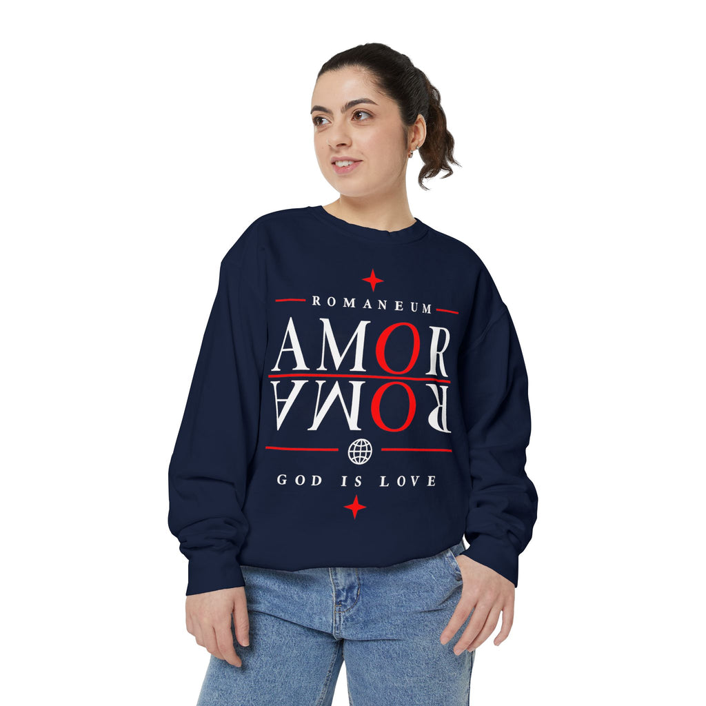 Romaneum Amor Crewneck Sweatshirt — "Amor Roma" Christian Graphic Sweatshirt
