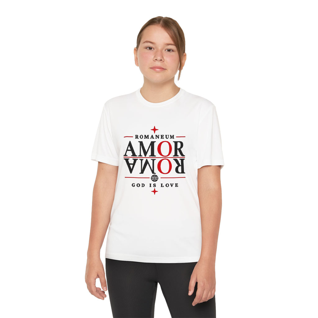 Youth Tee — ROMANEUM “AMOR/ROMA” Graphic Christian Shirt (God is Love)
