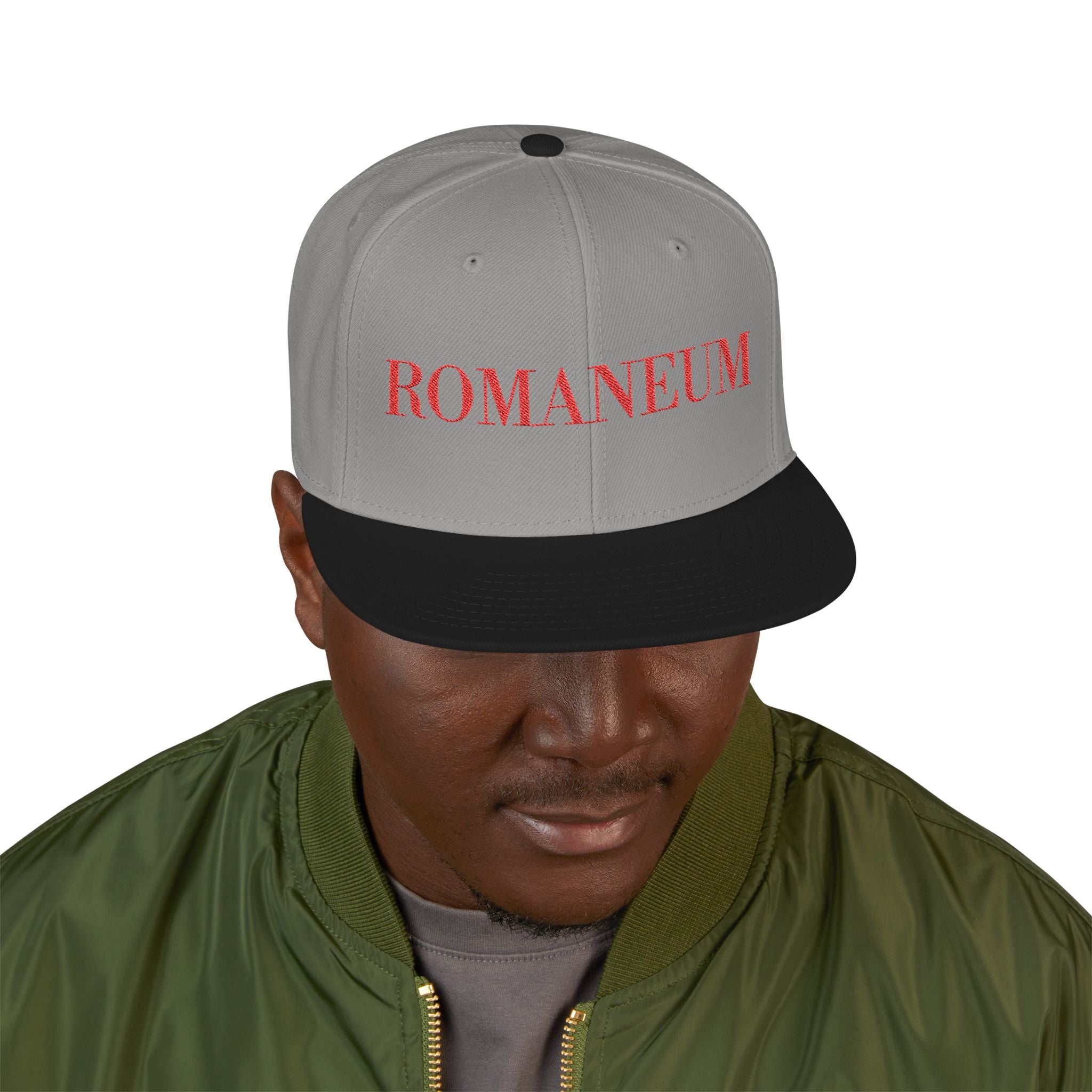 Embroidered Snapback Cap — Red Vintage 'ROMANEUM' Text