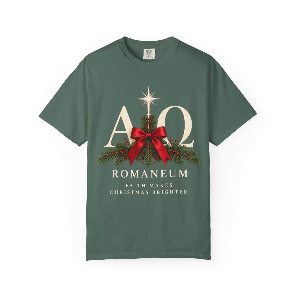 Alpha Omega Christmas T‑Shirt — "Romaneum: Faith Makes Christmas Brighter"