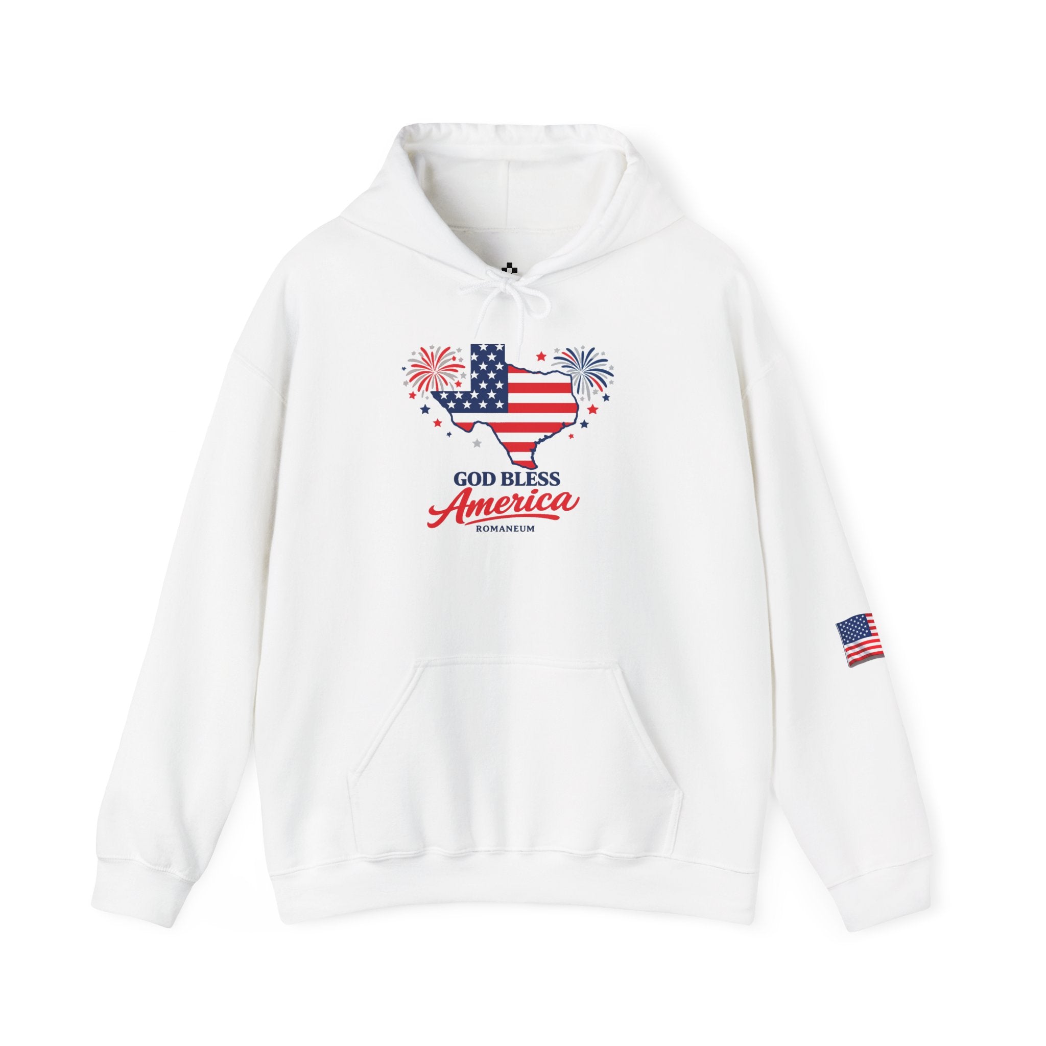 Romaneum God Bless America flag map Hoodie | American flag fireworks sleeve