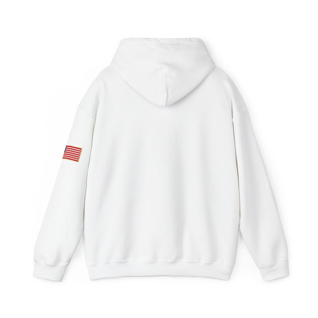 Romaneum Pixel Cross Hoodie | Small Black Cross, American Flag Sleeve