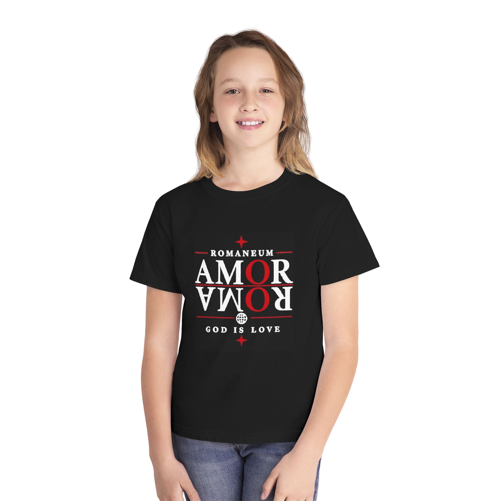 Youth Tee — "AMOR ROMA" Roman Catholic Graphic Tee (God is Love)