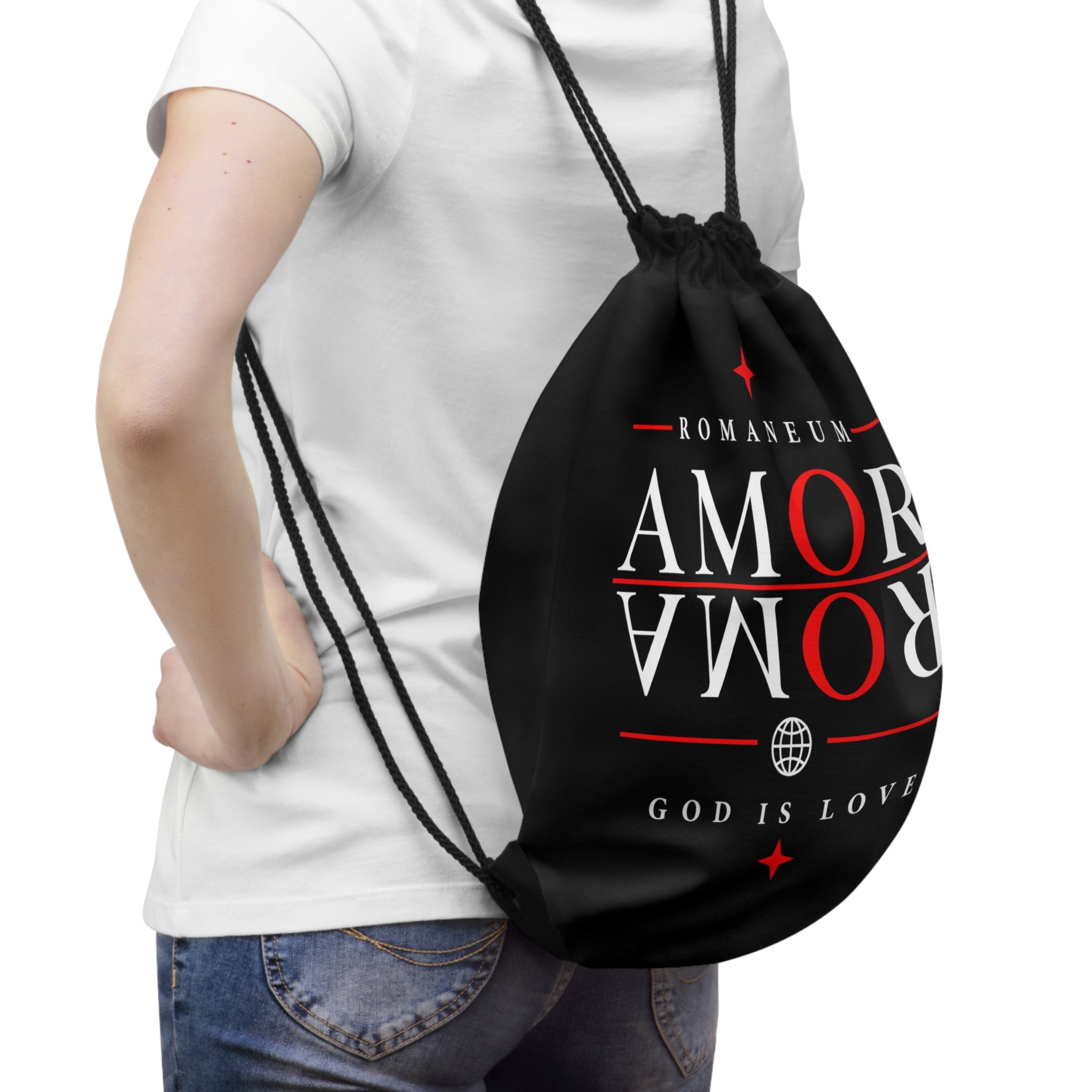 Drawstring Bag — AMOR/ROMA 'God Is Love' Reversible Graphic Gym Sack