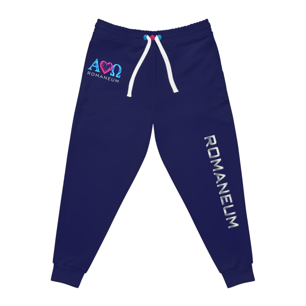 Romaneum Navy Athletic Joggers — Logo Track Pants with Side Text