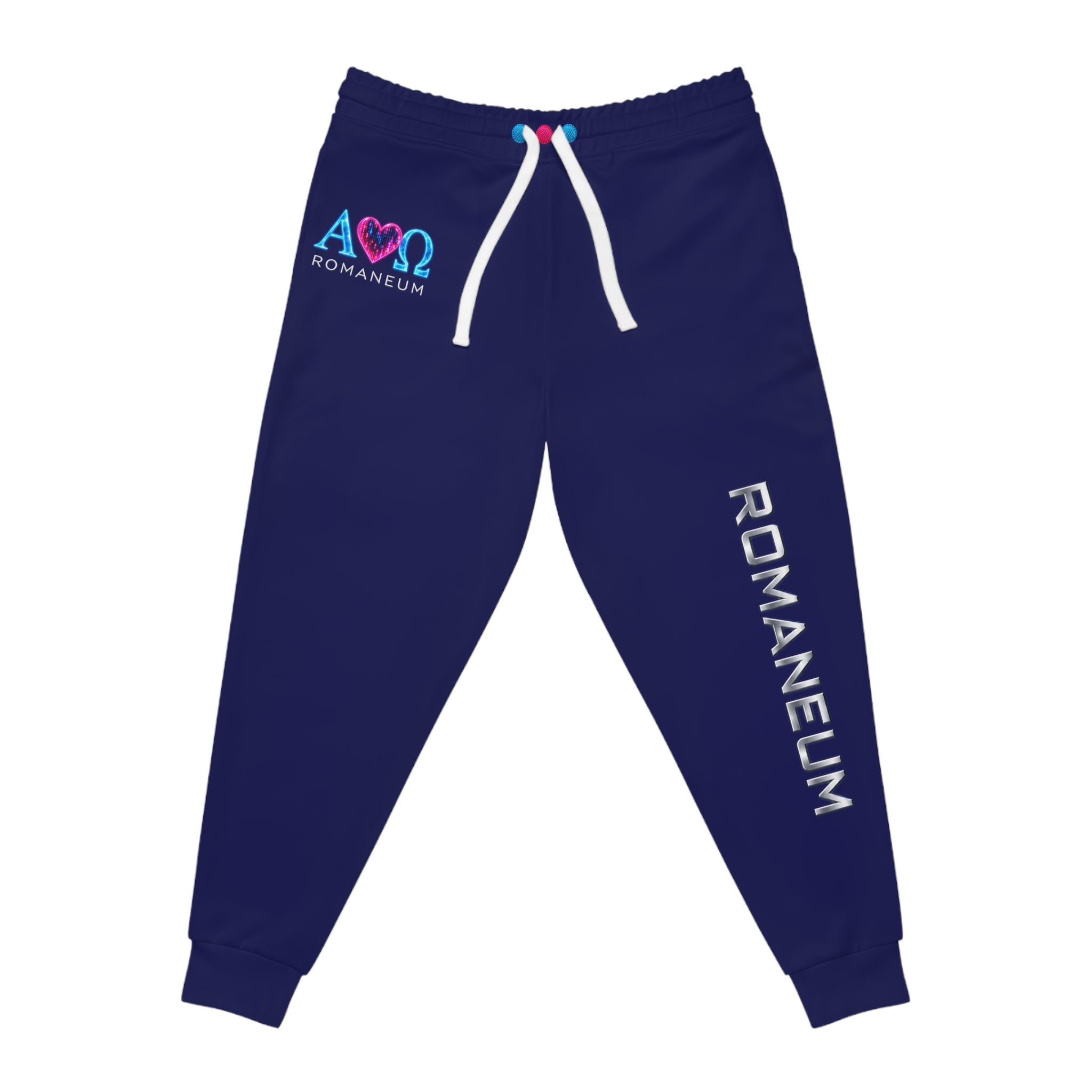 Romaneum Navy Athletic Joggers — Logo Track Pants with Side Text