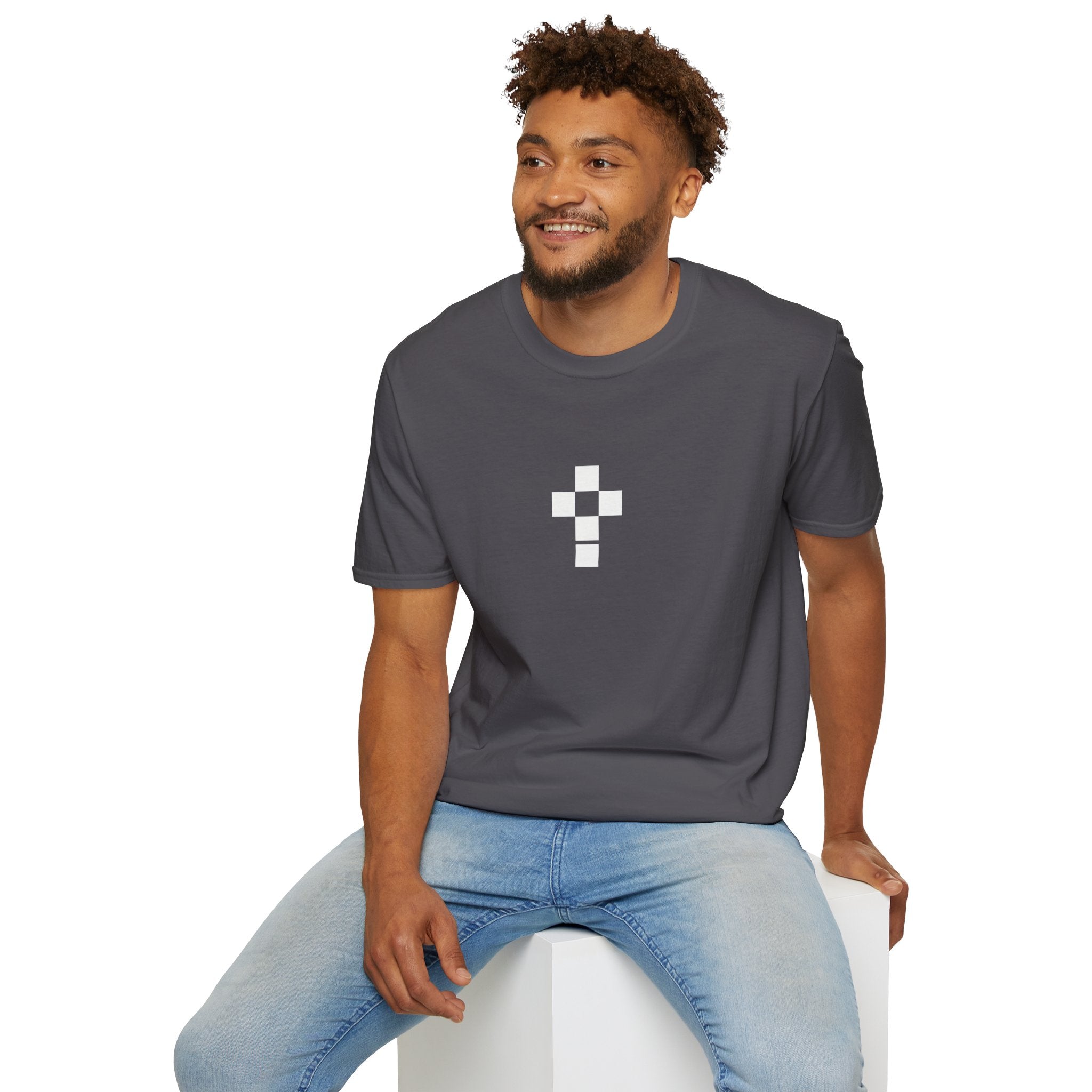 Romaneum Minimal Pixel Cross T-Shirt | Small Black Geometric Cross