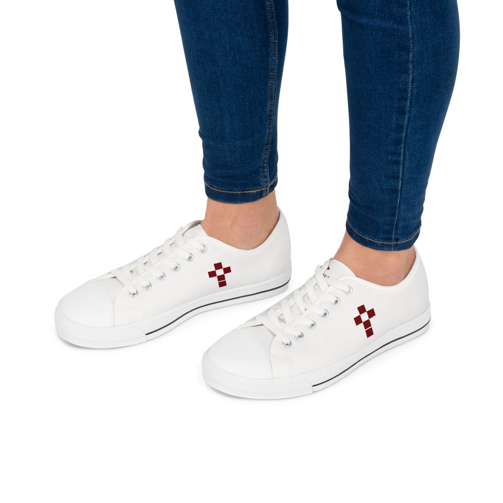 White Low Top Sneakers with Burgundy Pixel Cross — Women's Casual Canvas Shoes