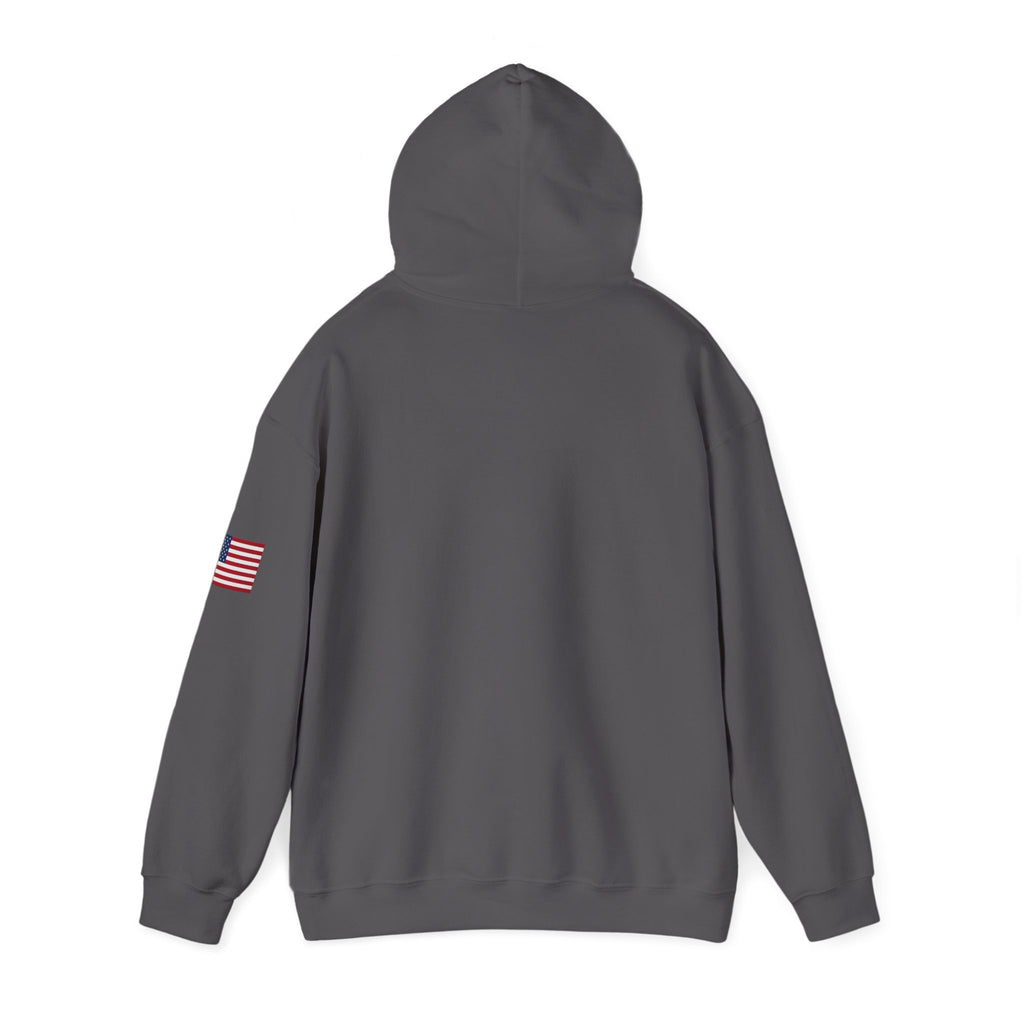 Romaneum Pixel Cross Hoodie | Small Black Cross, American Flag Sleeve