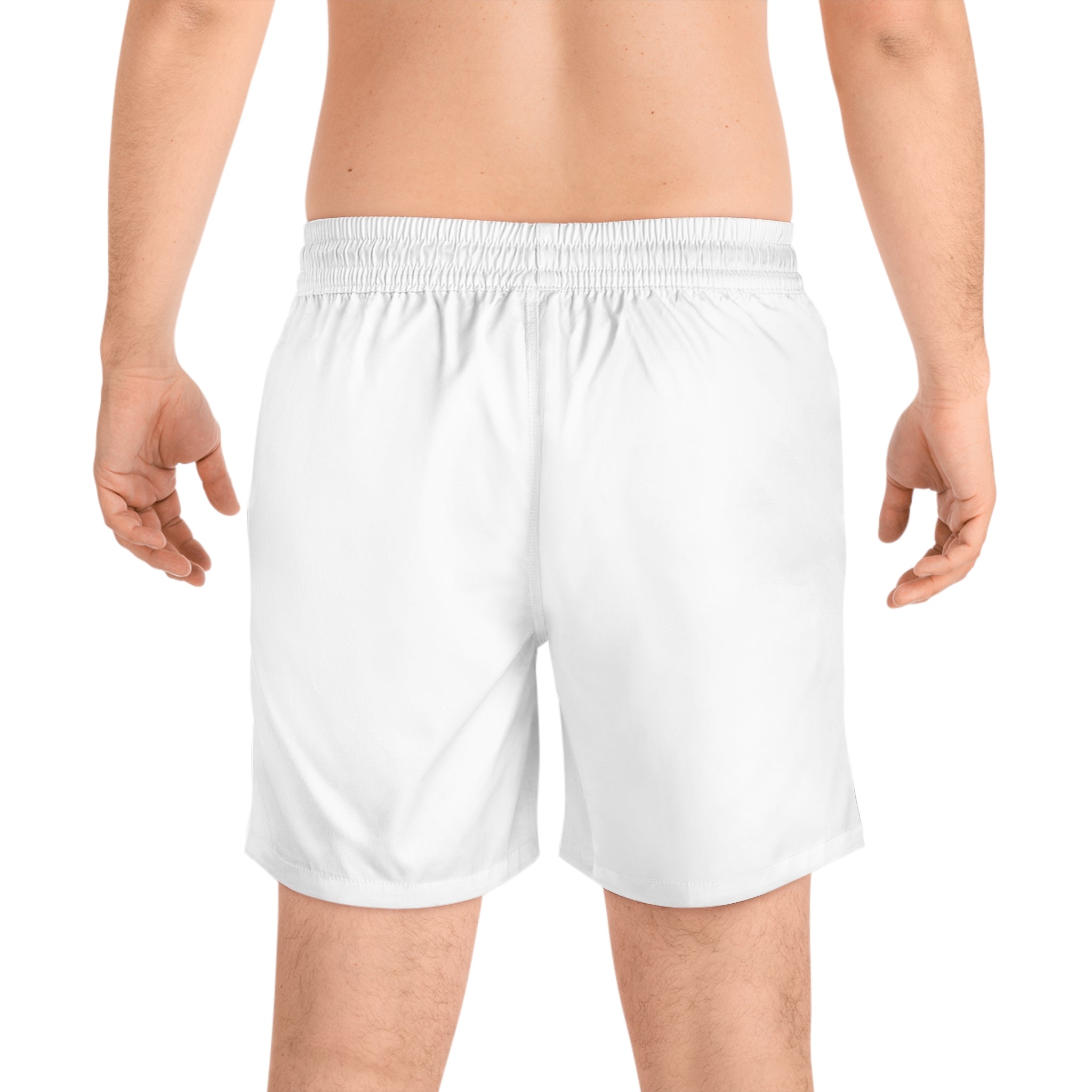 Romaneum Logo Men's Swim Shorts — White Mid-Length Beach Trunks